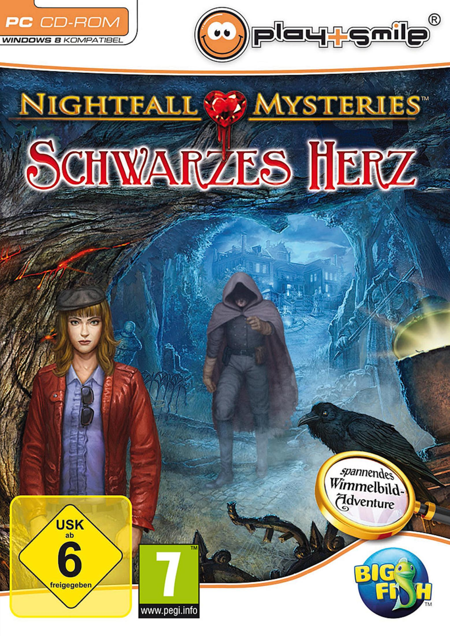 Nightfall Mysteries: Schwarzes Herz Spielcover. Frau, Kapuzenfigur, Rabe. Das Spiel ist ein Abenteuer.