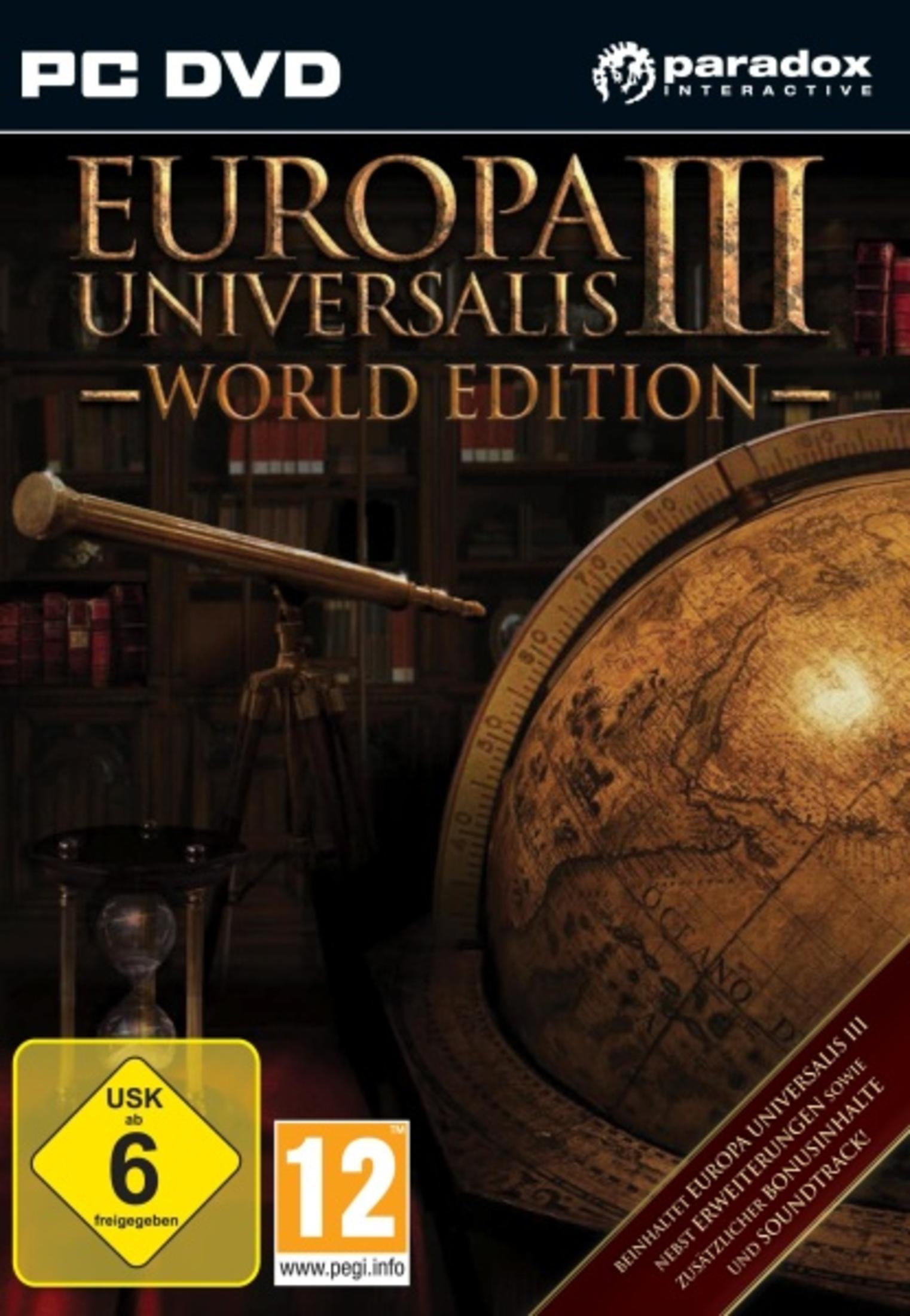 Spielbox. Europa Universalis III. World Edition. Eine Weltkugel, ein Teleskop und Bücher sind auf dem Cover. USK 6 Bewertung.