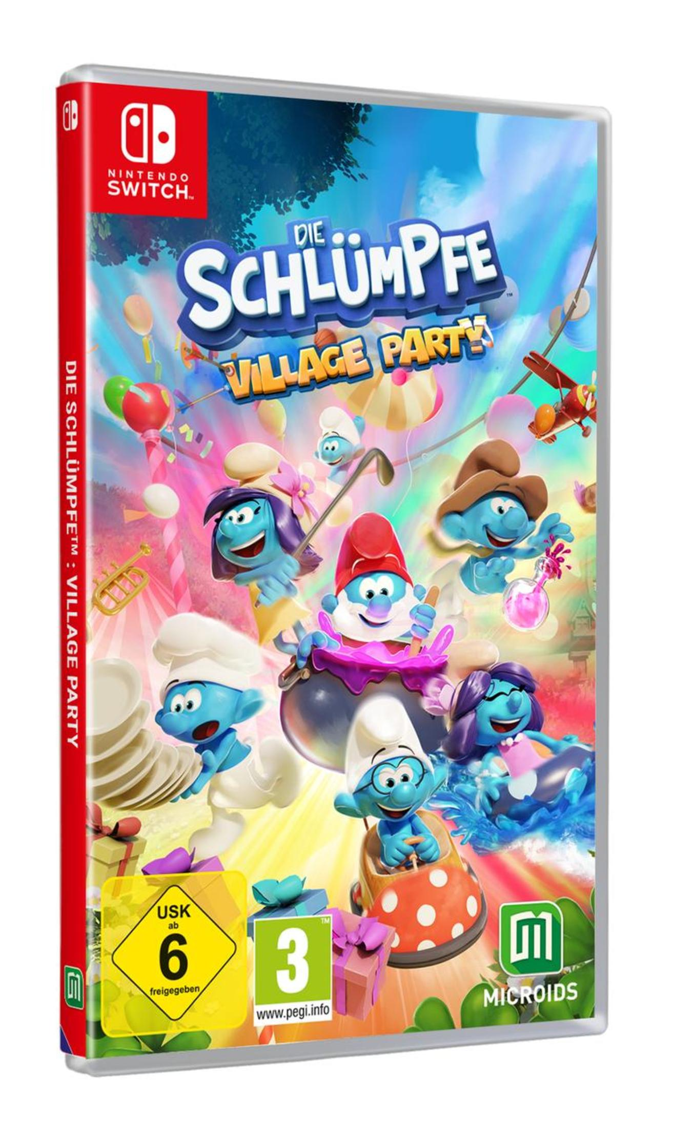 Nintendo Switch Spielbox mit Schlümpfen. Weißer Hintergrund.