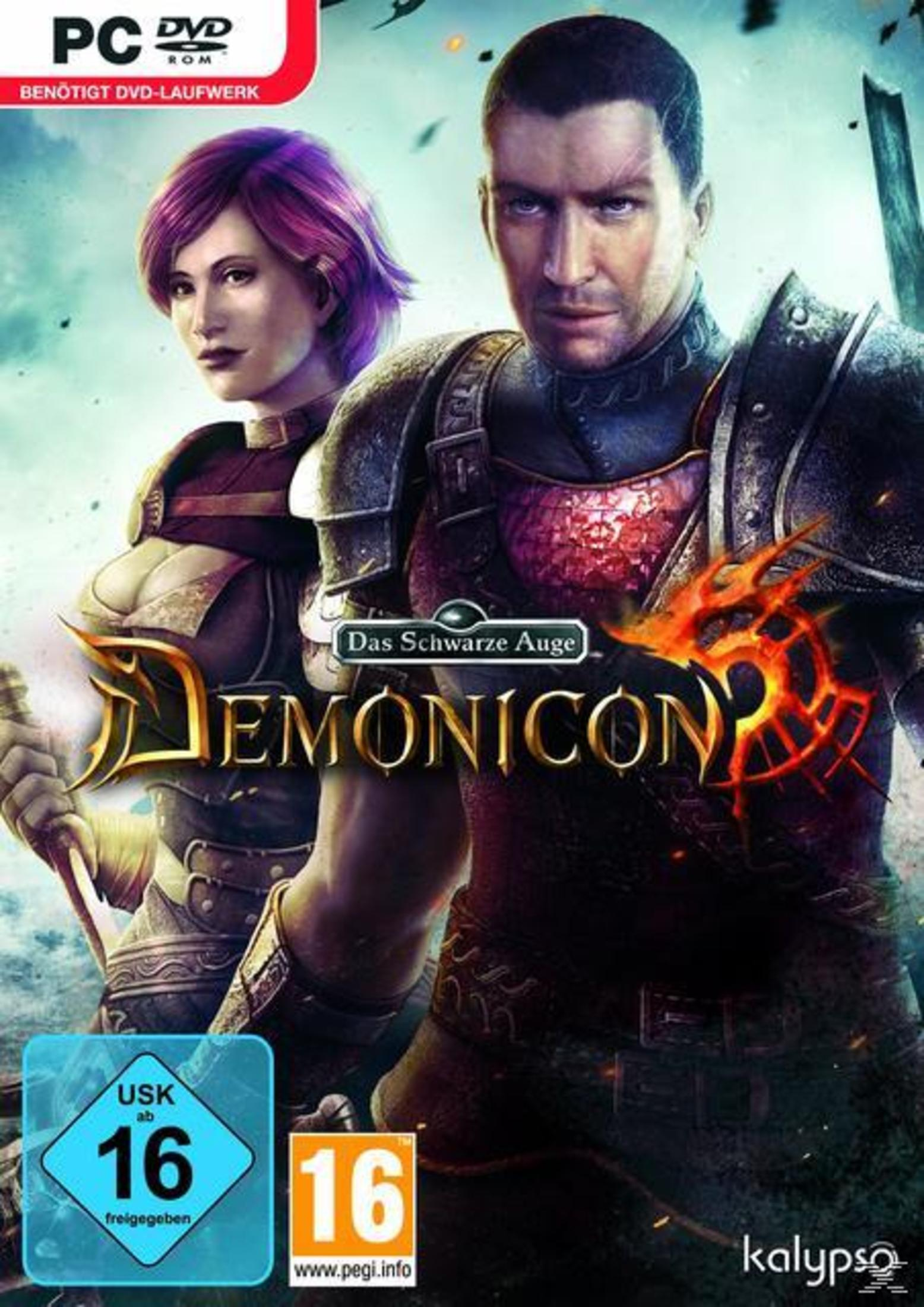Spielcover für Das Schwarze Auge: Demonicon, mit zwei gepanzerten Charakteren in dunkler Umgebung.