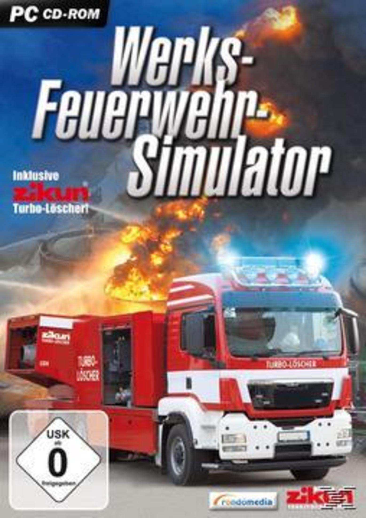 Ein Spielcover für einen Feuerwehrsimulator. Ein rotes Feuerwehrauto ist abgebildet.