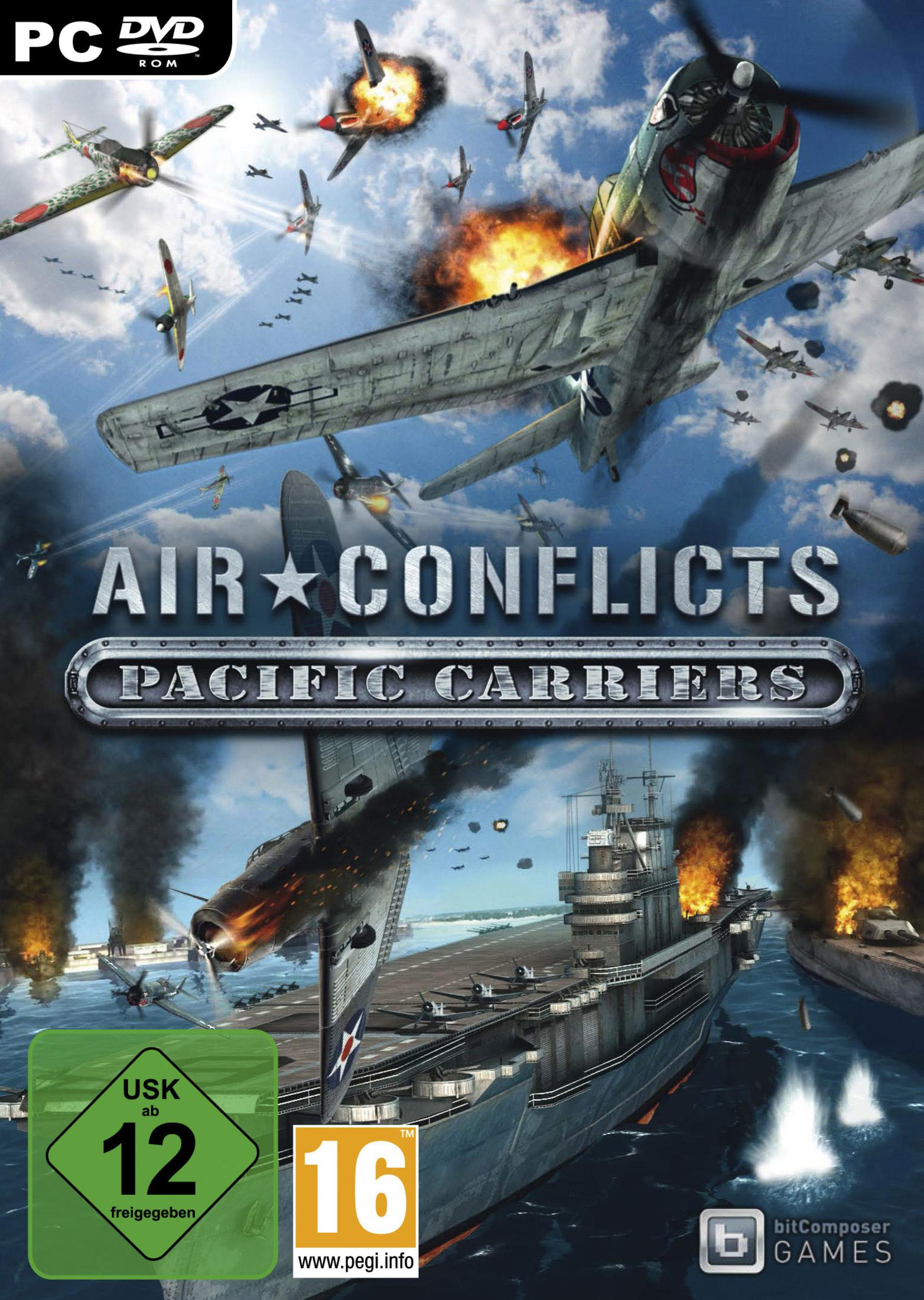 Cover eines Spiels namens Air Conflicts: Pacific Carriers, mit Kampfflugzeugen und einem Flugzeugträger.