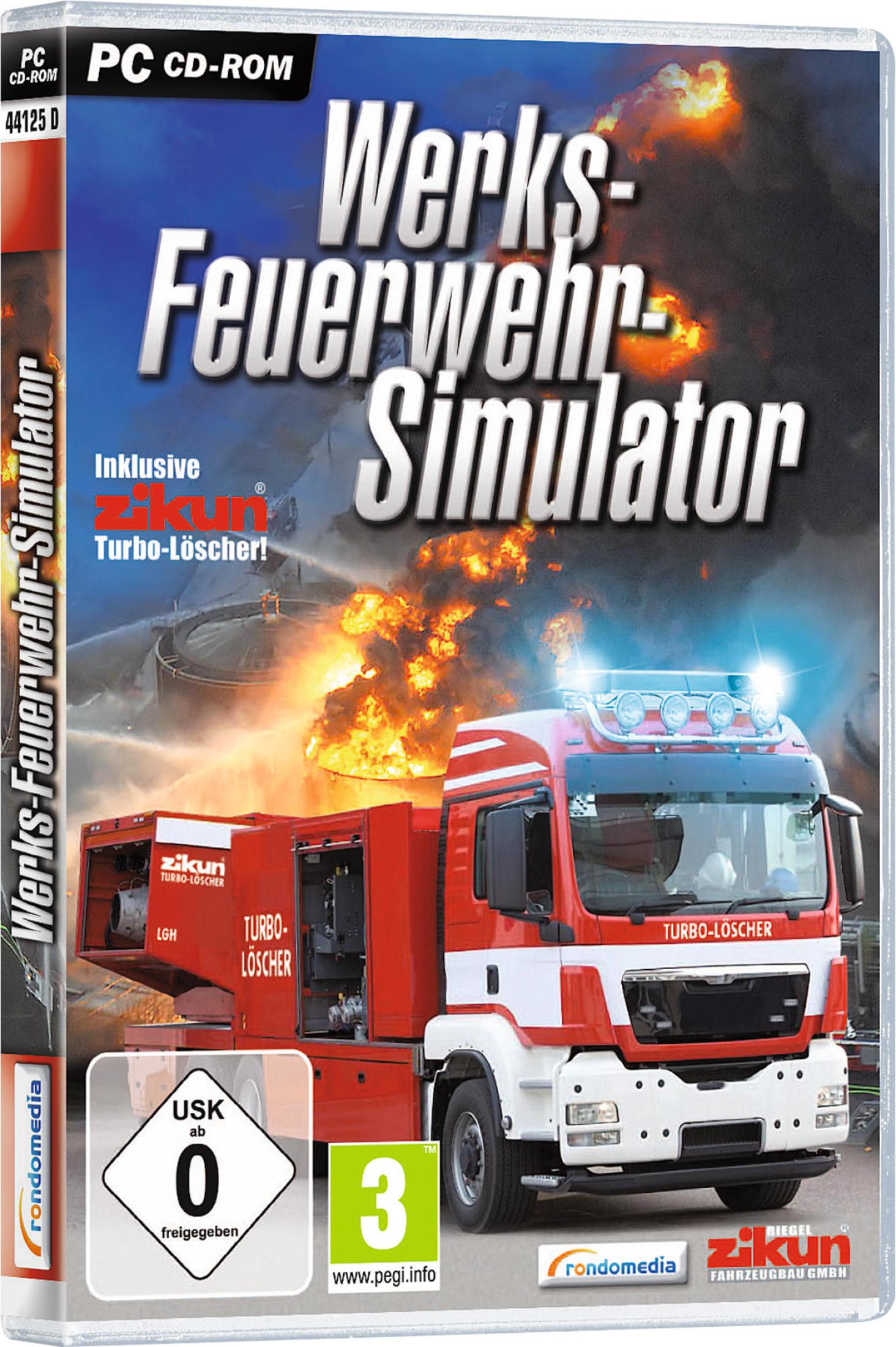 Videospielbox für 'Werks-Feuerwehr-Simulator'. Zeigt einen Feuerwehrauto und den Text 'Turbo-löscher!'