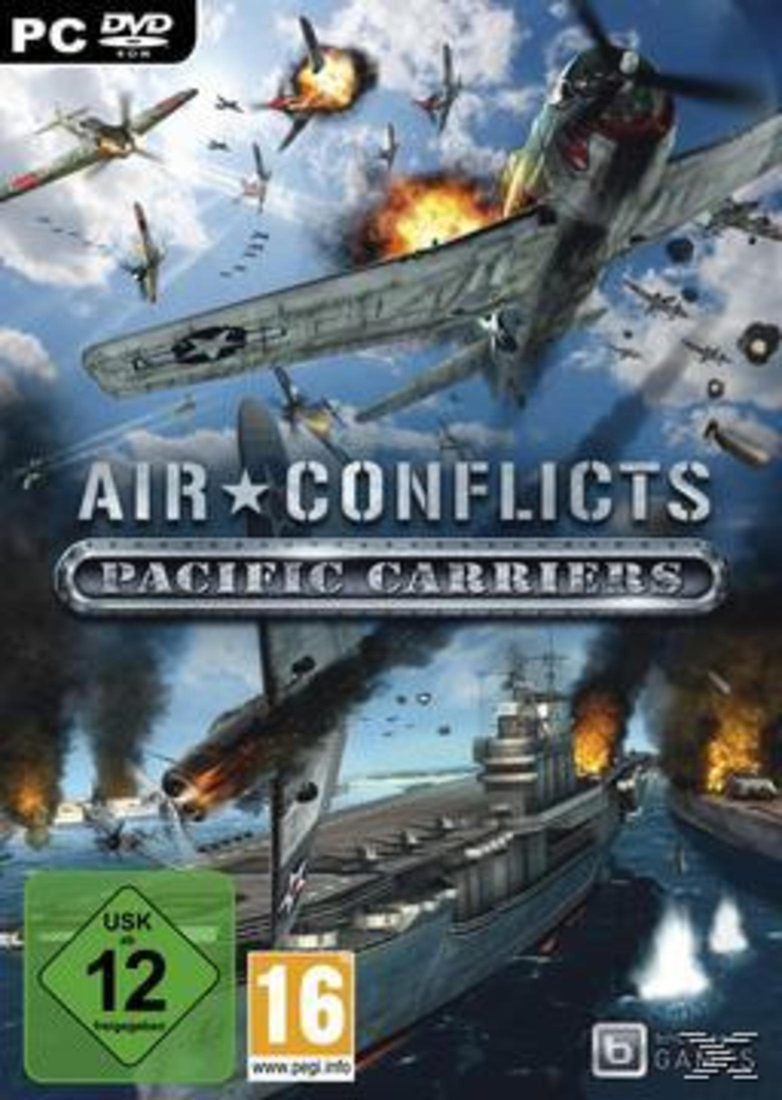 Spielcover von Air Conflicts: Pacific Carriers, zeigt Flugzeuge und ein Schlachtschiff.