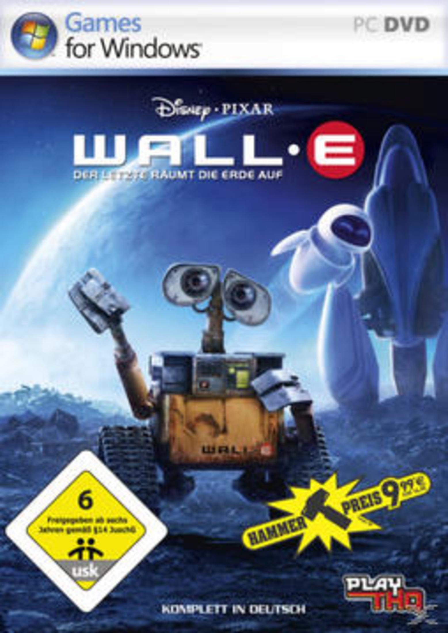 Wall-E Filmcover. Roboter Wall-E steht vor einem Raumschiff mit Eva. Blauer Hintergrund.