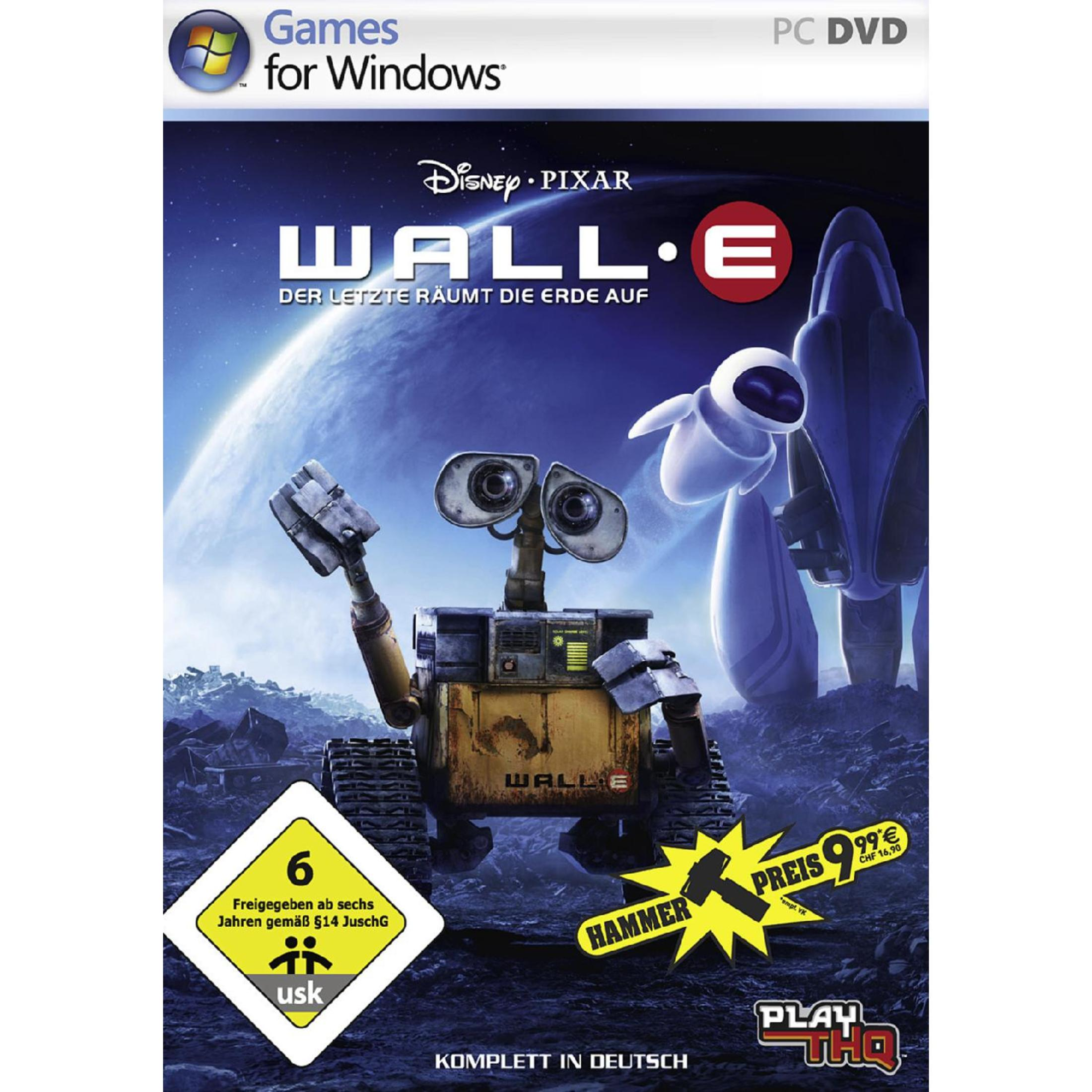 Wall-E-Spielhülle. Wall-E-Roboter blickt nach vorne. Eve und andere Objekte sind im Hintergrund.