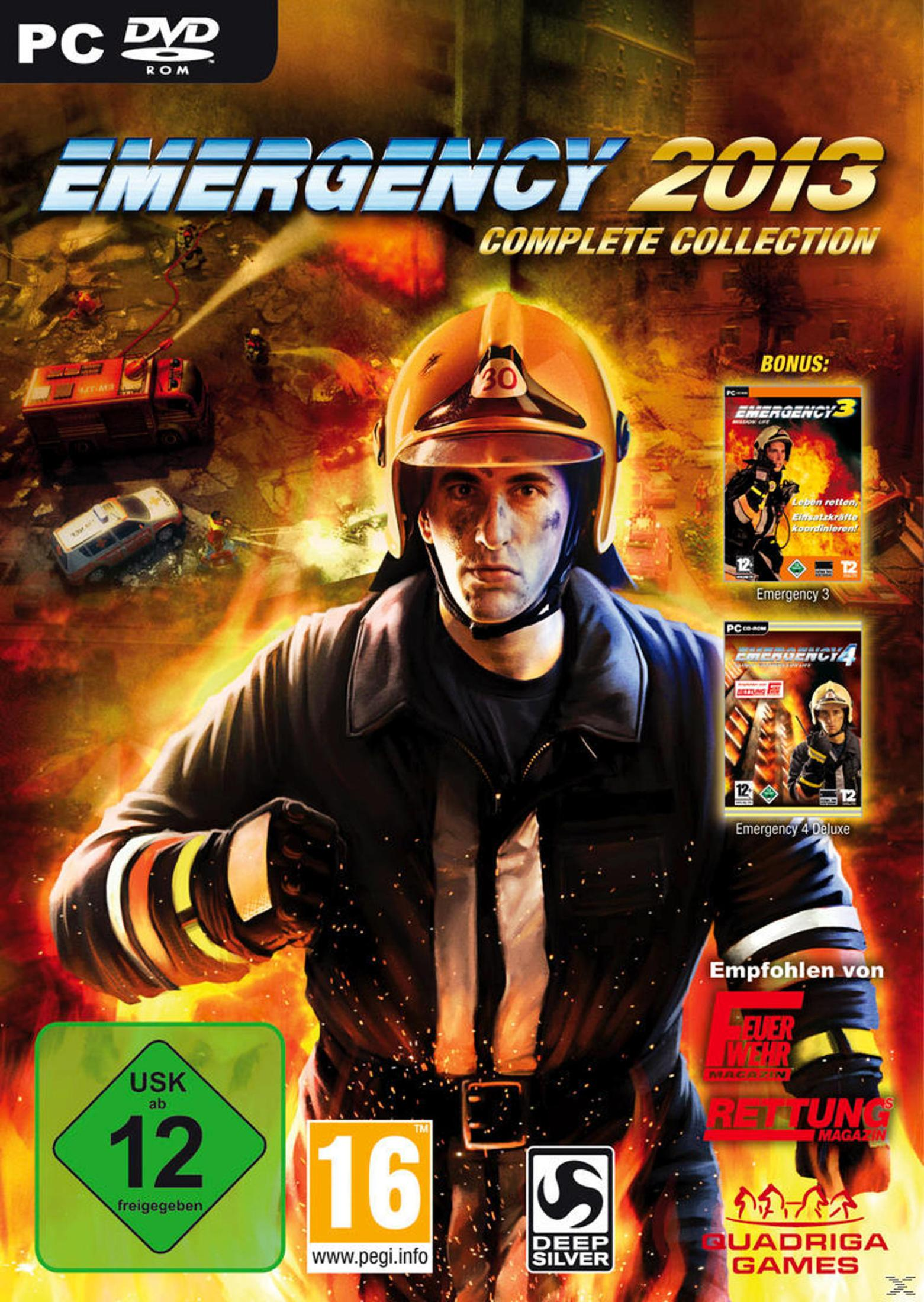 Ein Spielcover für 'Emergency 2013 Complete Collection'. Es zeigt einen Feuerwehrmann mit Einsatzfahrzeugen im Hintergrund.