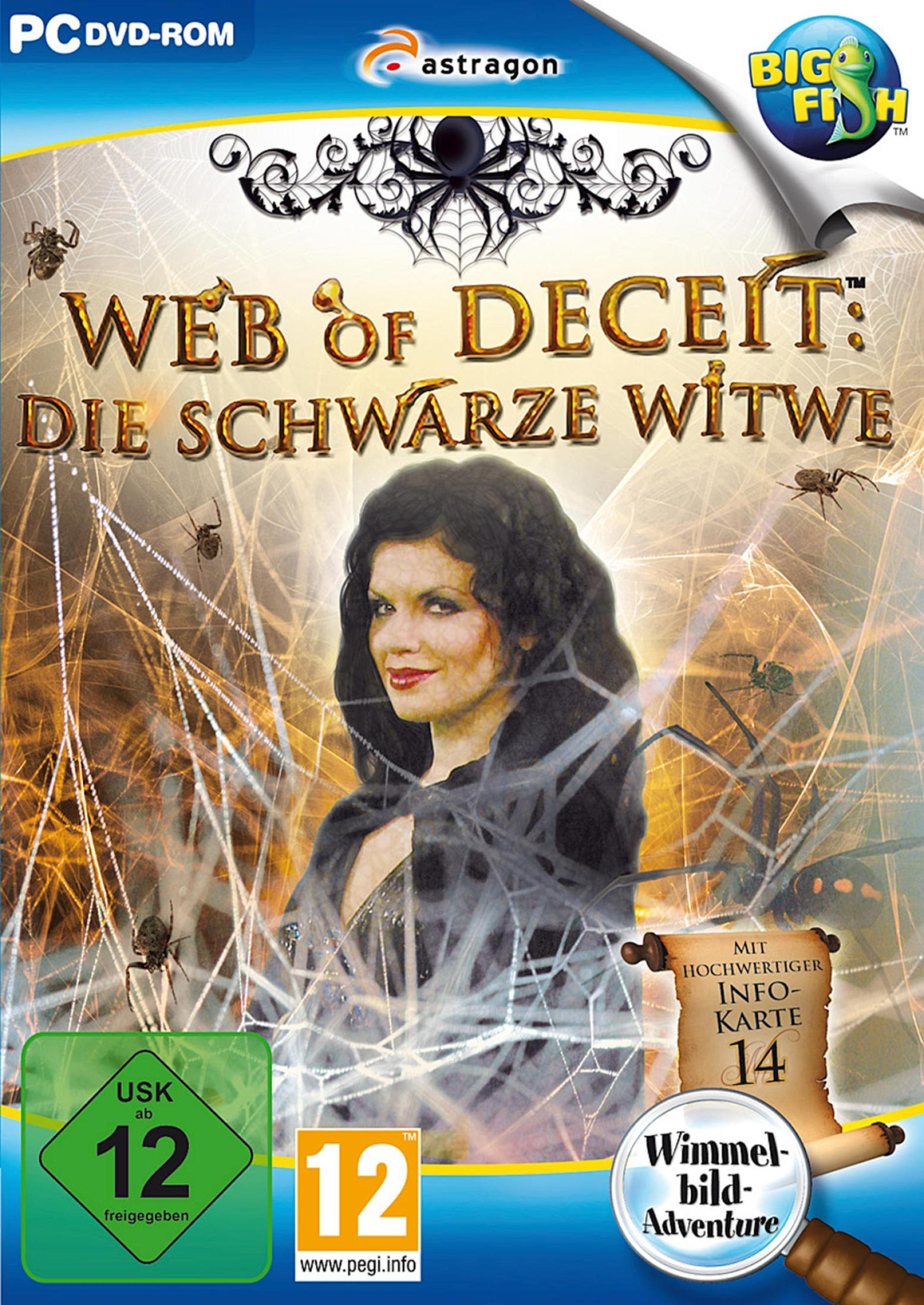 Spiele-Cover: Eine Frau in schwarzem Kleid, Spinnen, Spinnweben. Der Spieletitel lautet 'Web of Deceit'.