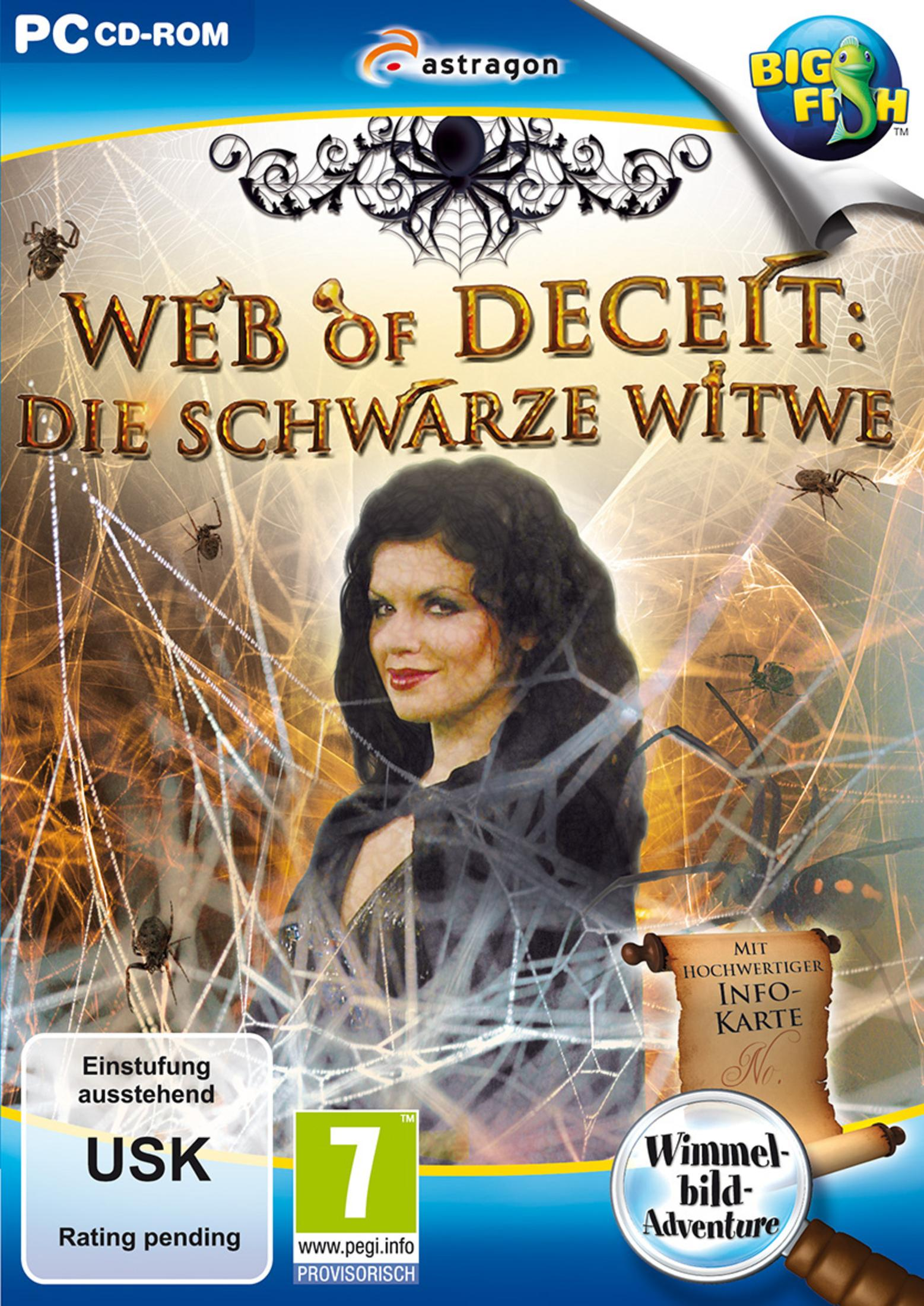 Spielcover: Frau in Netzen, Titel Web of Deceit. Spinnen und Textdetails. Big Fish Games Logo.
