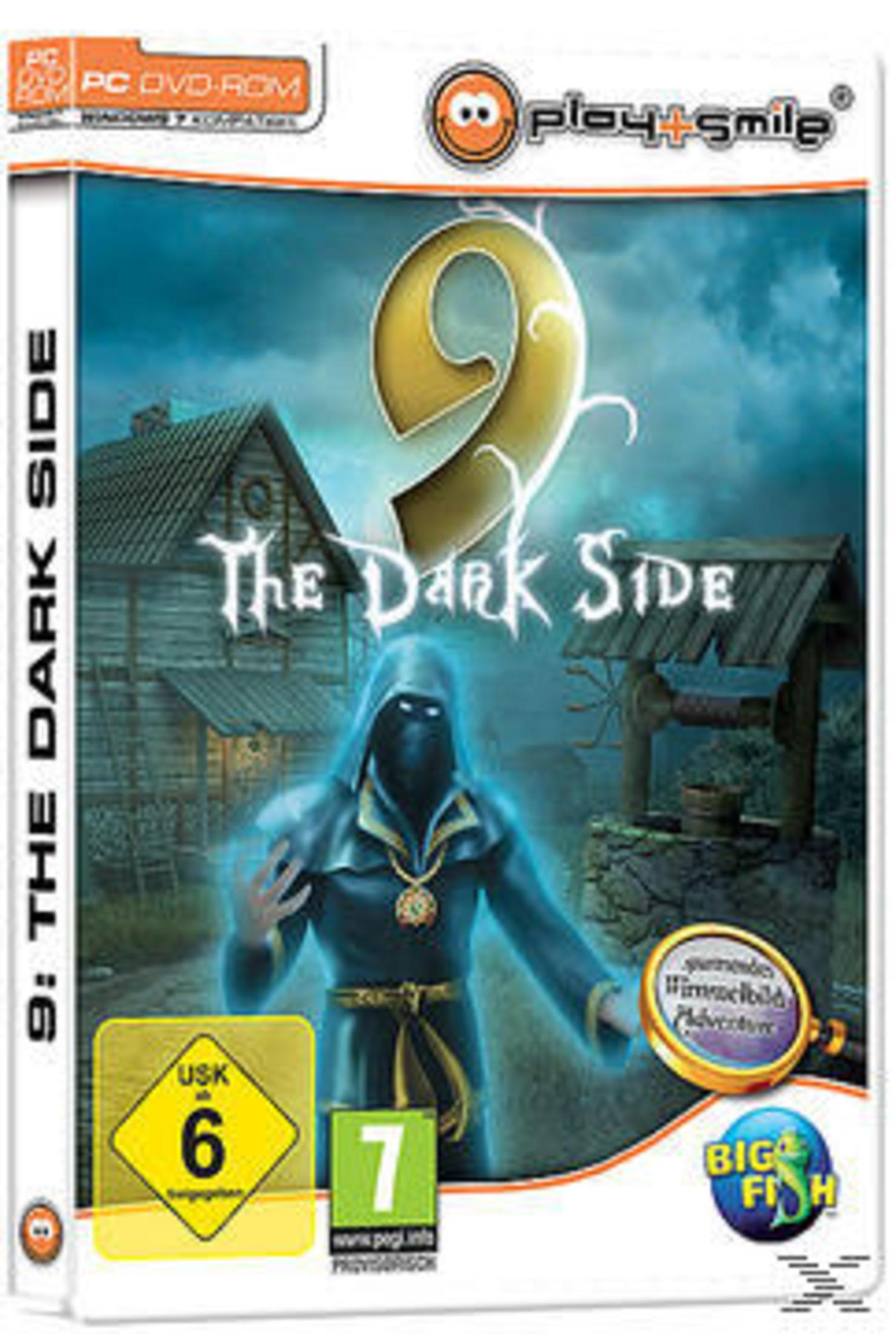 Spielbox für „9: The Dark Side“ mit einer Kapuzenfigur, einem Brunnen und einem Haus unter einem Nachthimmel.