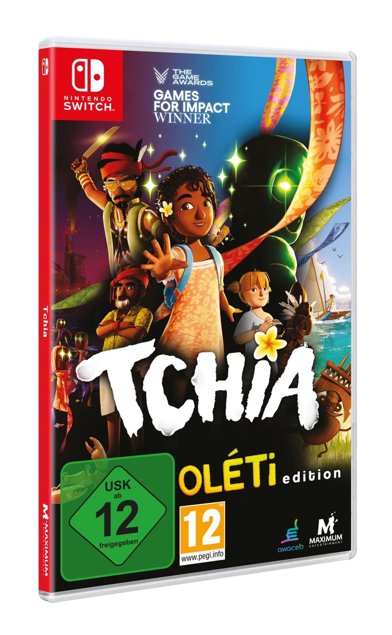 Spielbox für Tchia auf Nintendo Switch, mit Cartoon-Charakteren und farbenfrohem Design.