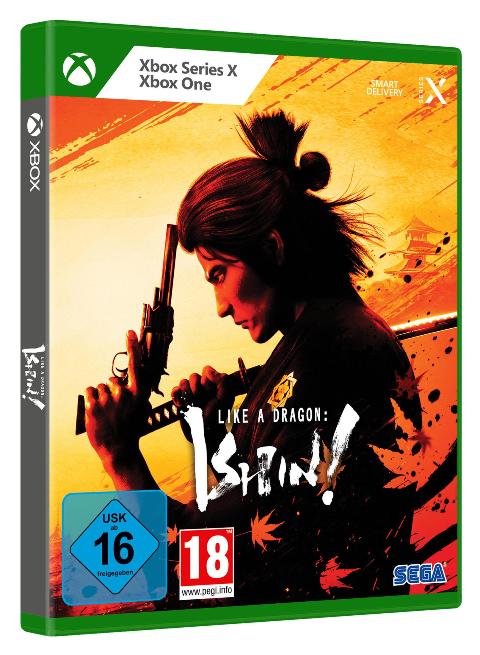 Scatola di gioco per Like a Dragon: Ishin! La scatola è verde, con un uomo che tiene una pistola e una spada.