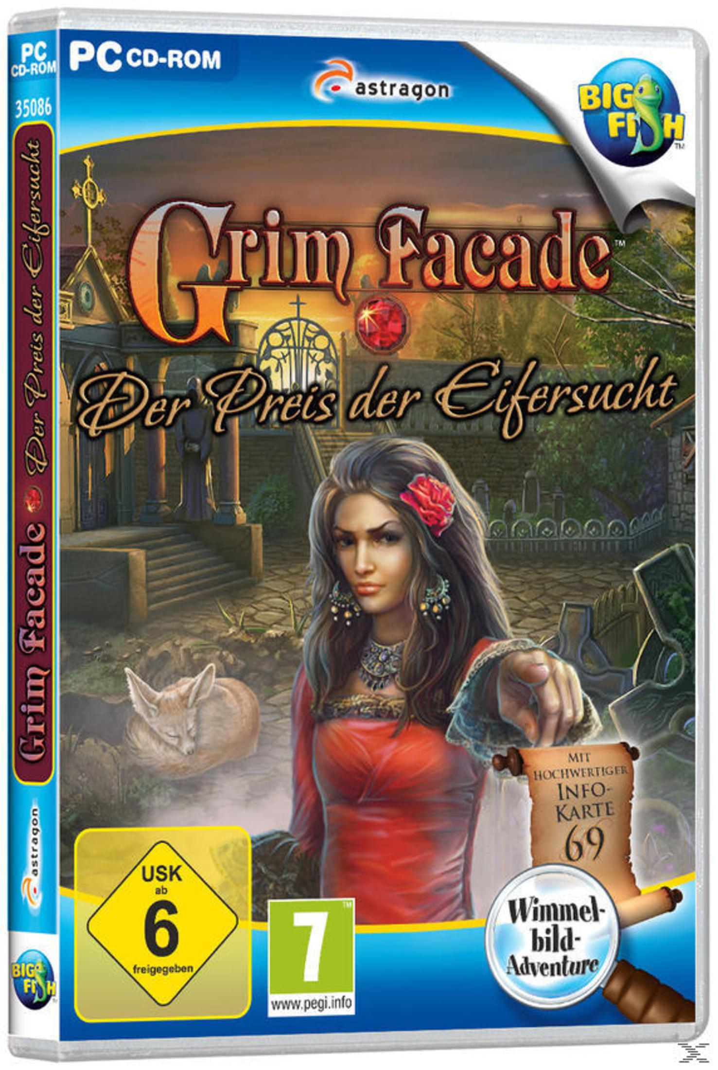Spielbox für Grim Facade. Es zeigt eine Frau in einem roten Kleid. Der Hintergrund ist ein Garten.
