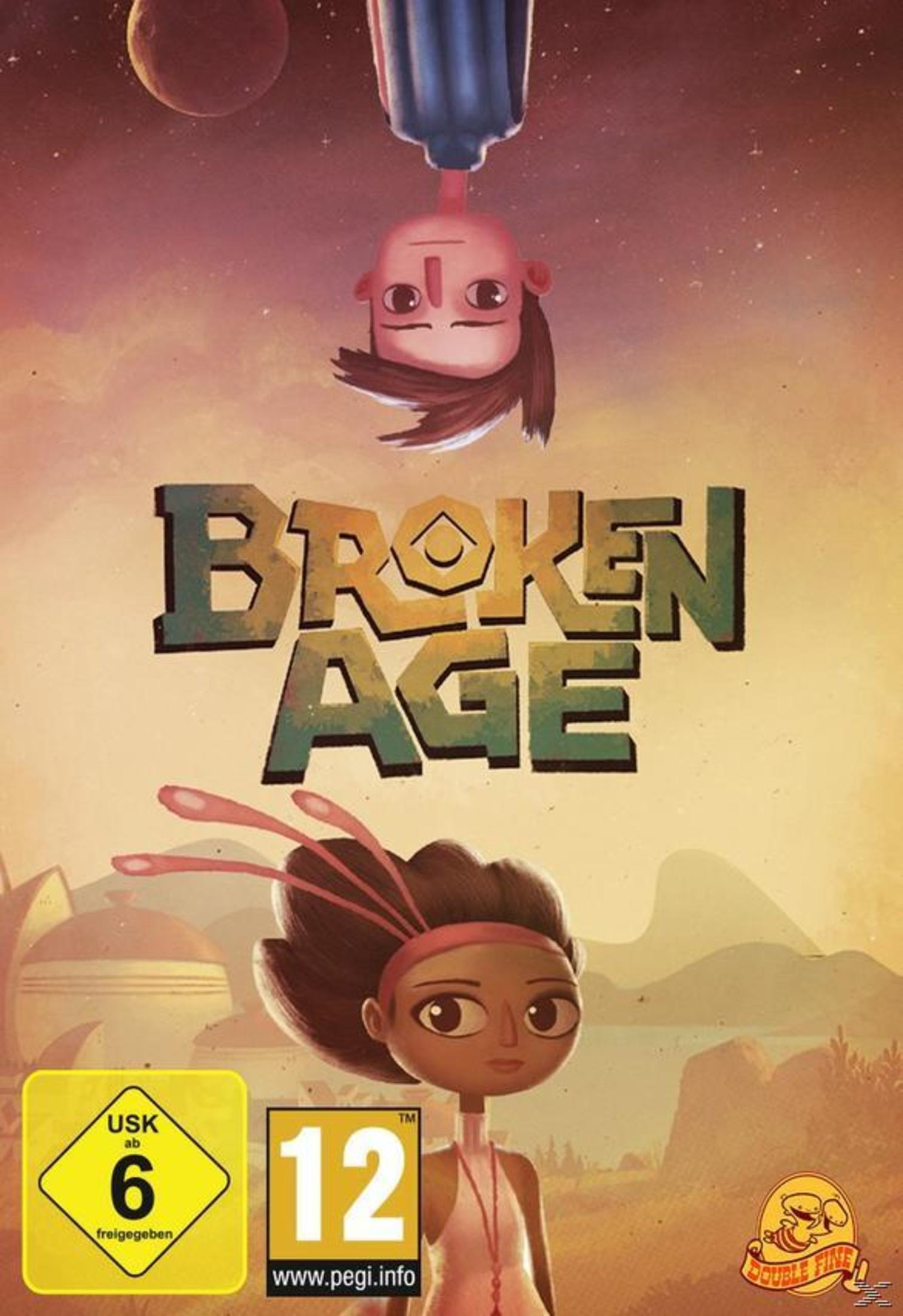 Eine Spielbox für Broken Age, mit einem Cartoon-Mädchen und einer auf dem Kopf stehenden Figur.