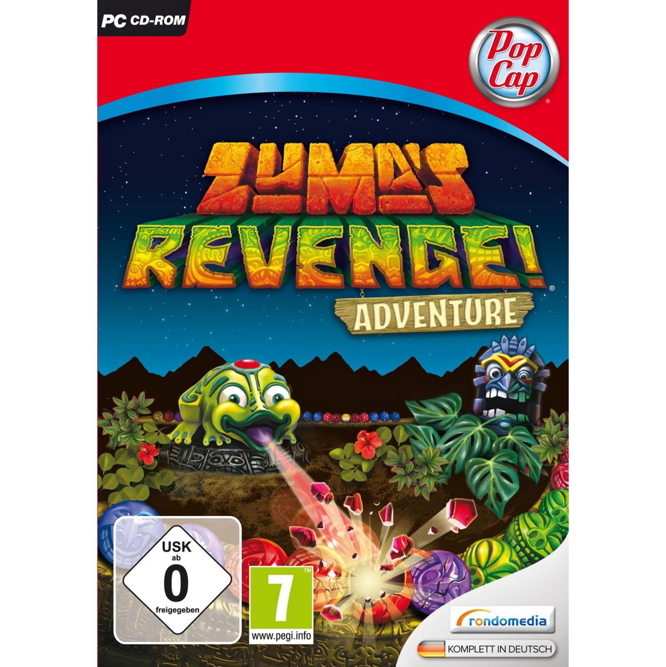 Spielcover für Zuma's Revenge! Adventure, mit Frosch, bunten Kugeln und Tiki-Maske.
