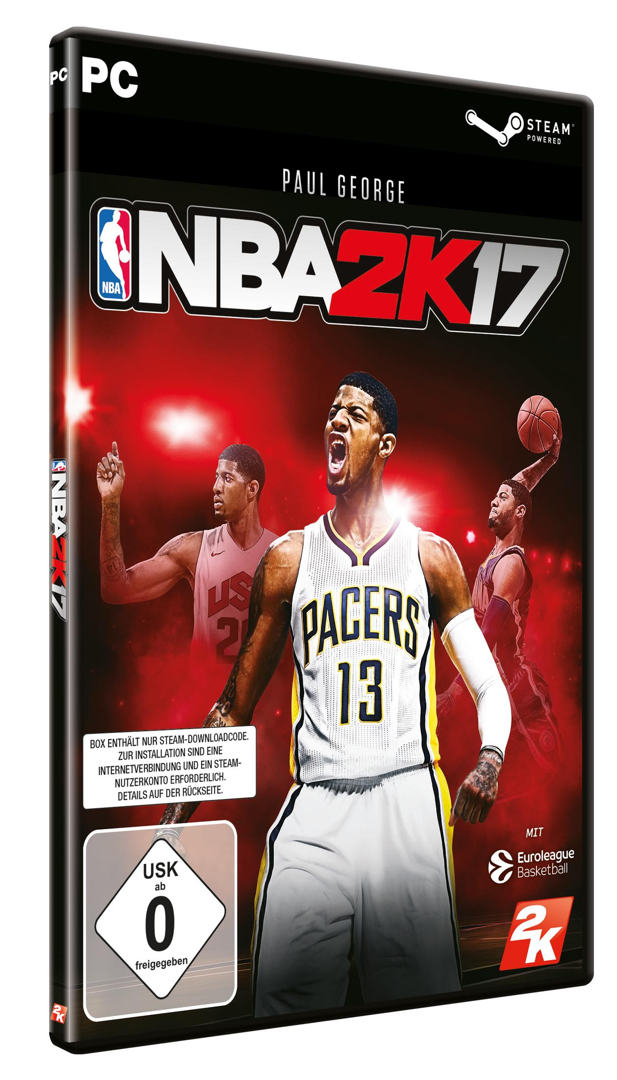 Spielbox für NBA 2K17. Die Box zeigt drei Basketballspieler in Aktion auf rotem Hintergrund.