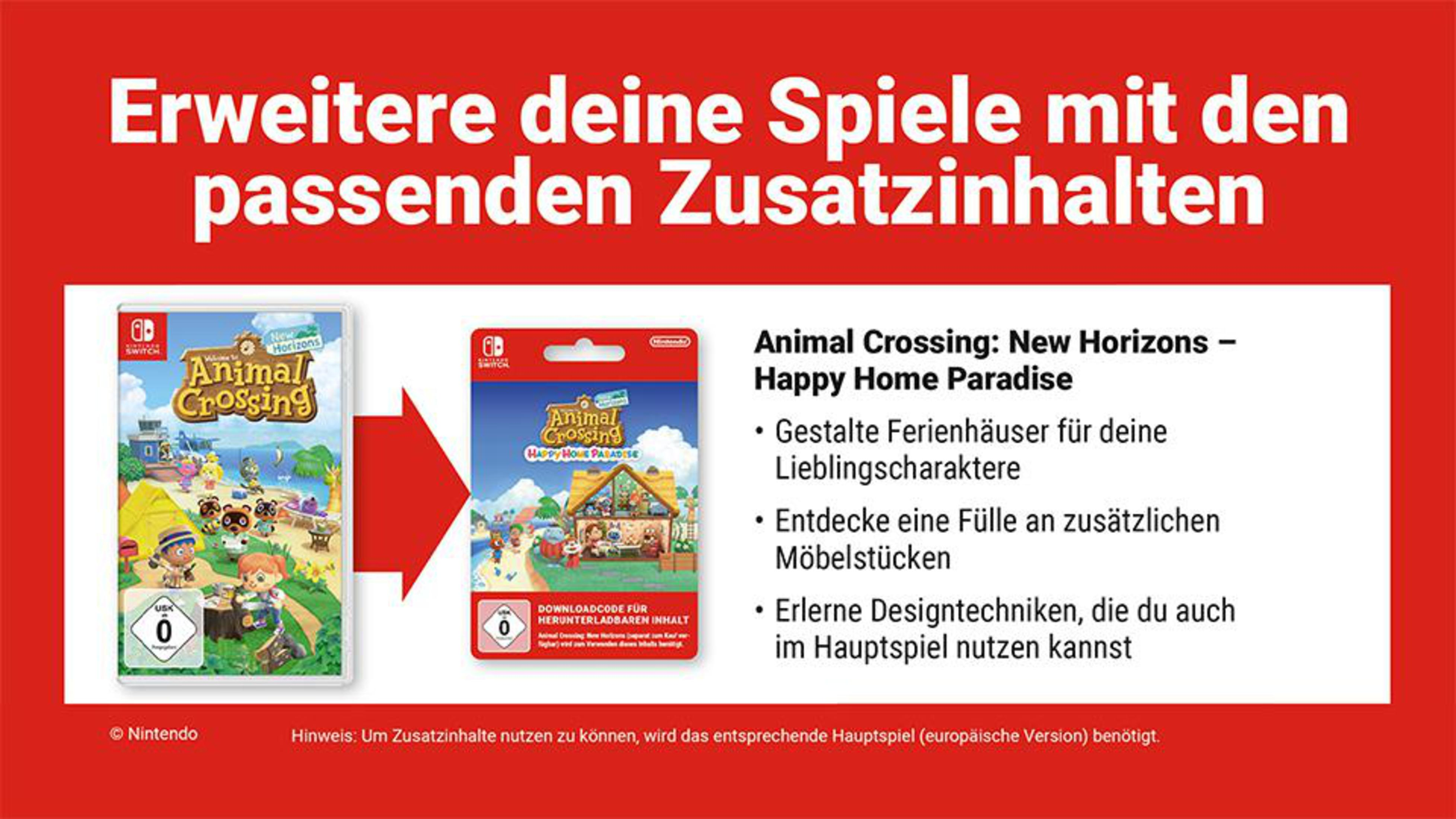 Promotieafbeelding met Animal Crossing-gamebox en DLC-pakket, met tekst in het Duits.