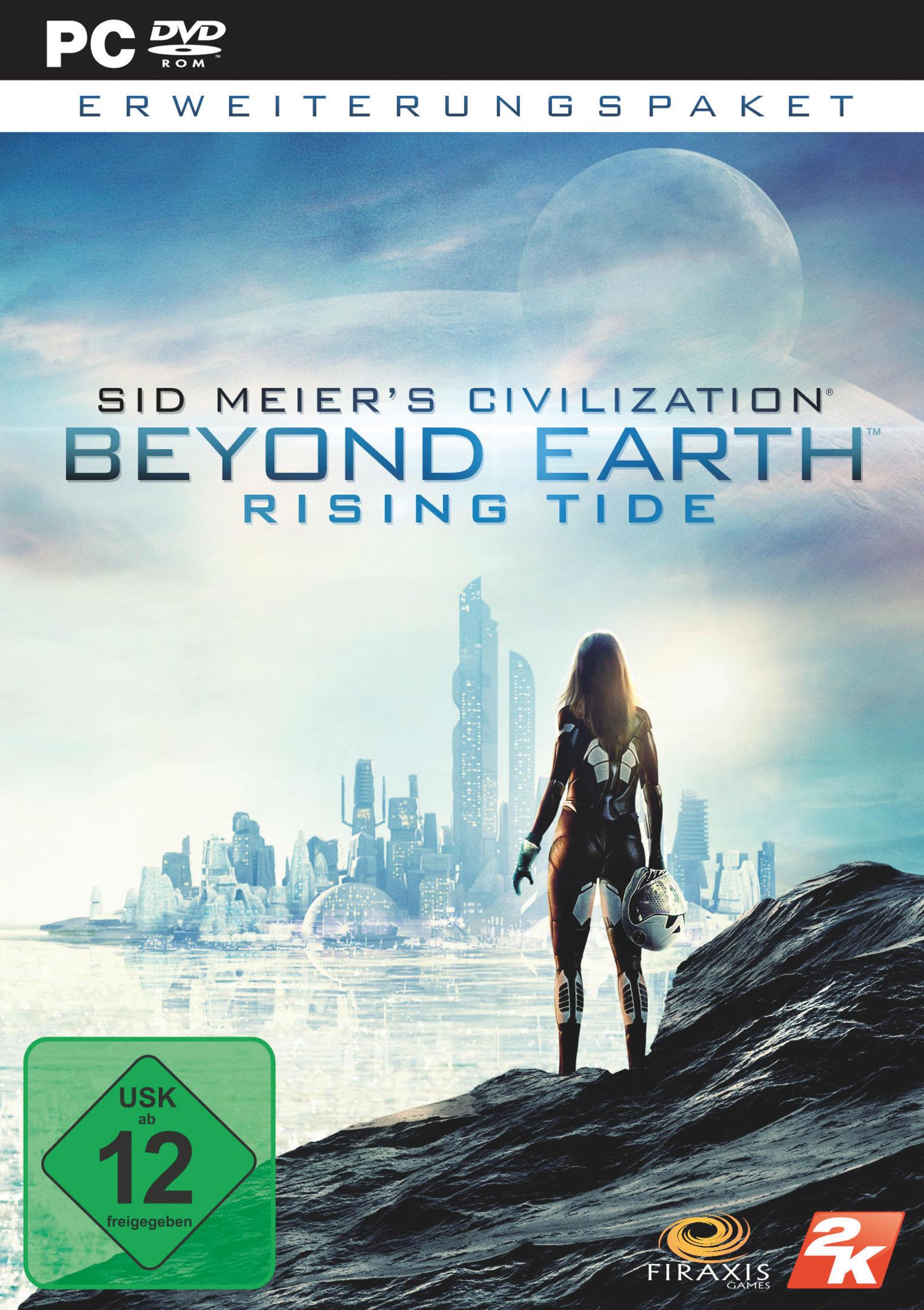 Eine Frau im Anzug steht auf einem Felsen und blickt auf eine futuristische Stadt, das Cover eines Spiels.