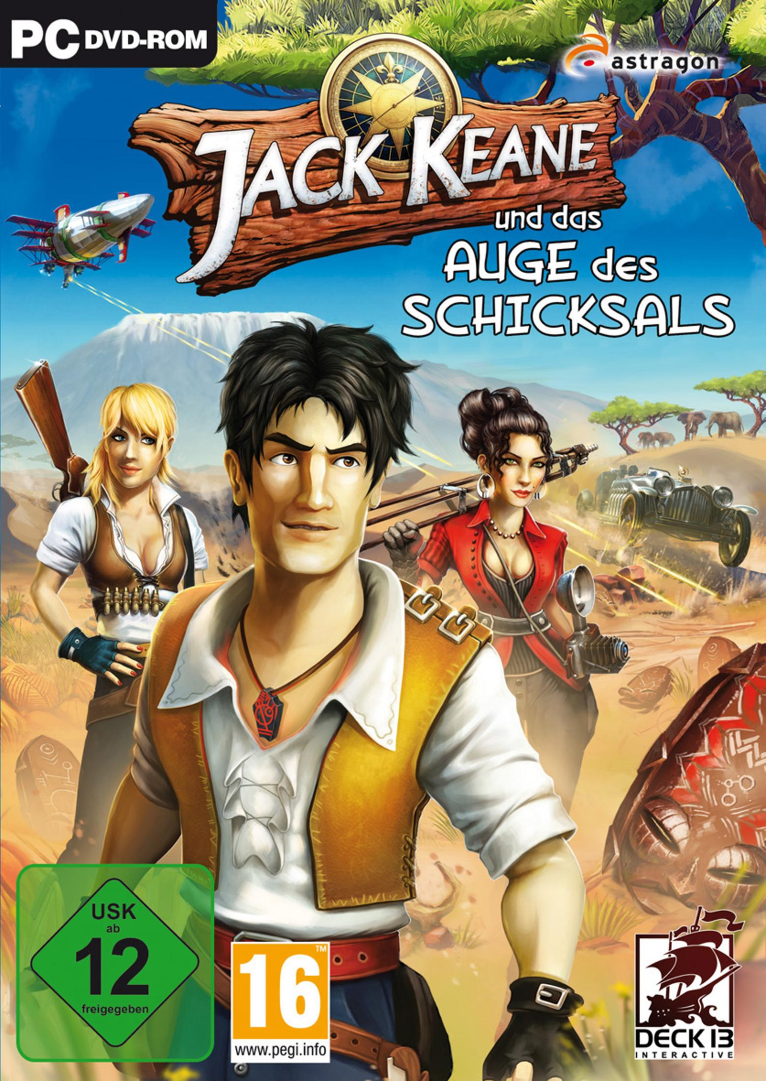Spielcover für "Jack Keane und das Auge des Schicksals", mit Charakteren und Titel.