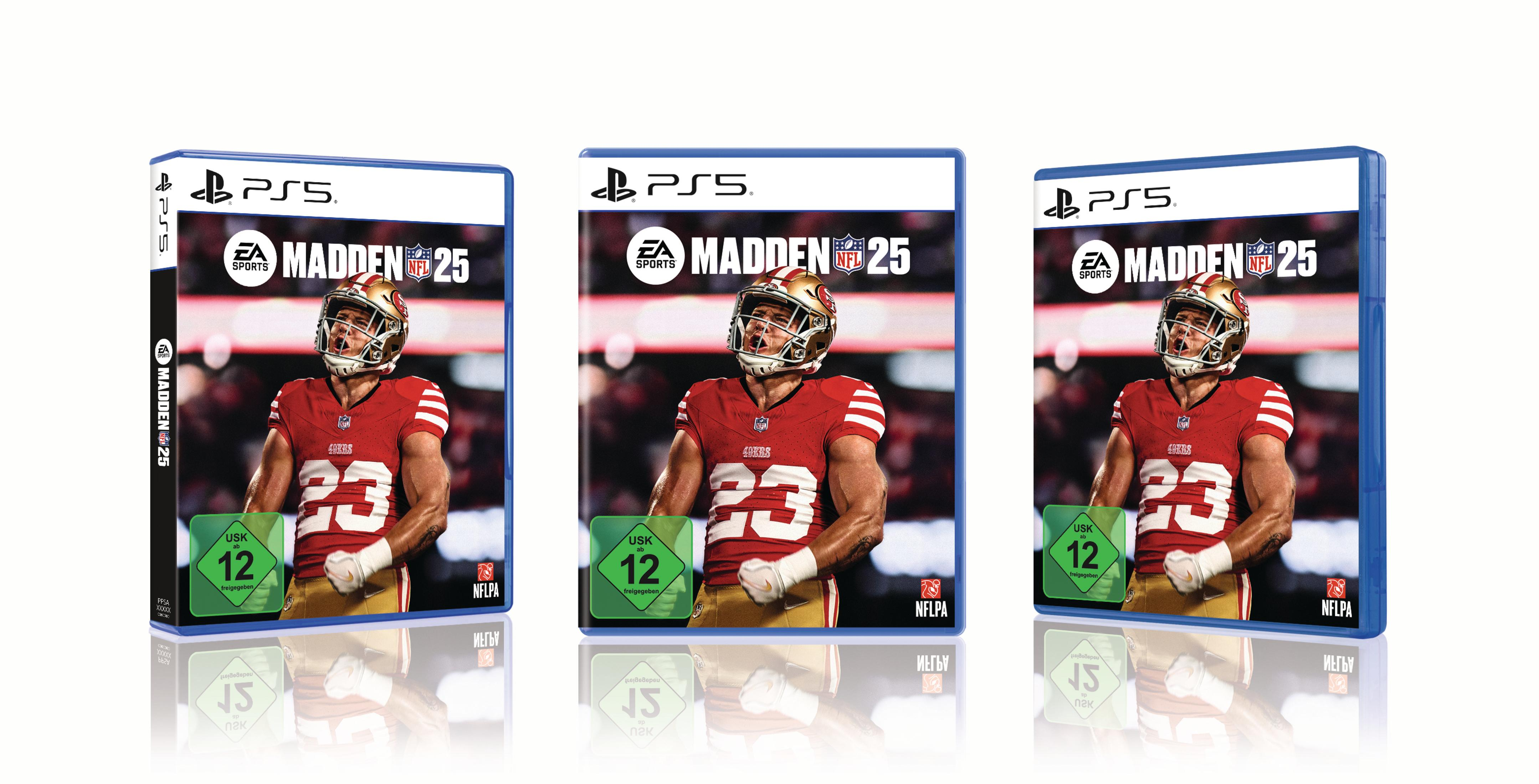 Drei aufrecht stehende PS5 Madden 25 Spielhüllen. Jede Hülle zeigt einen Footballspieler.