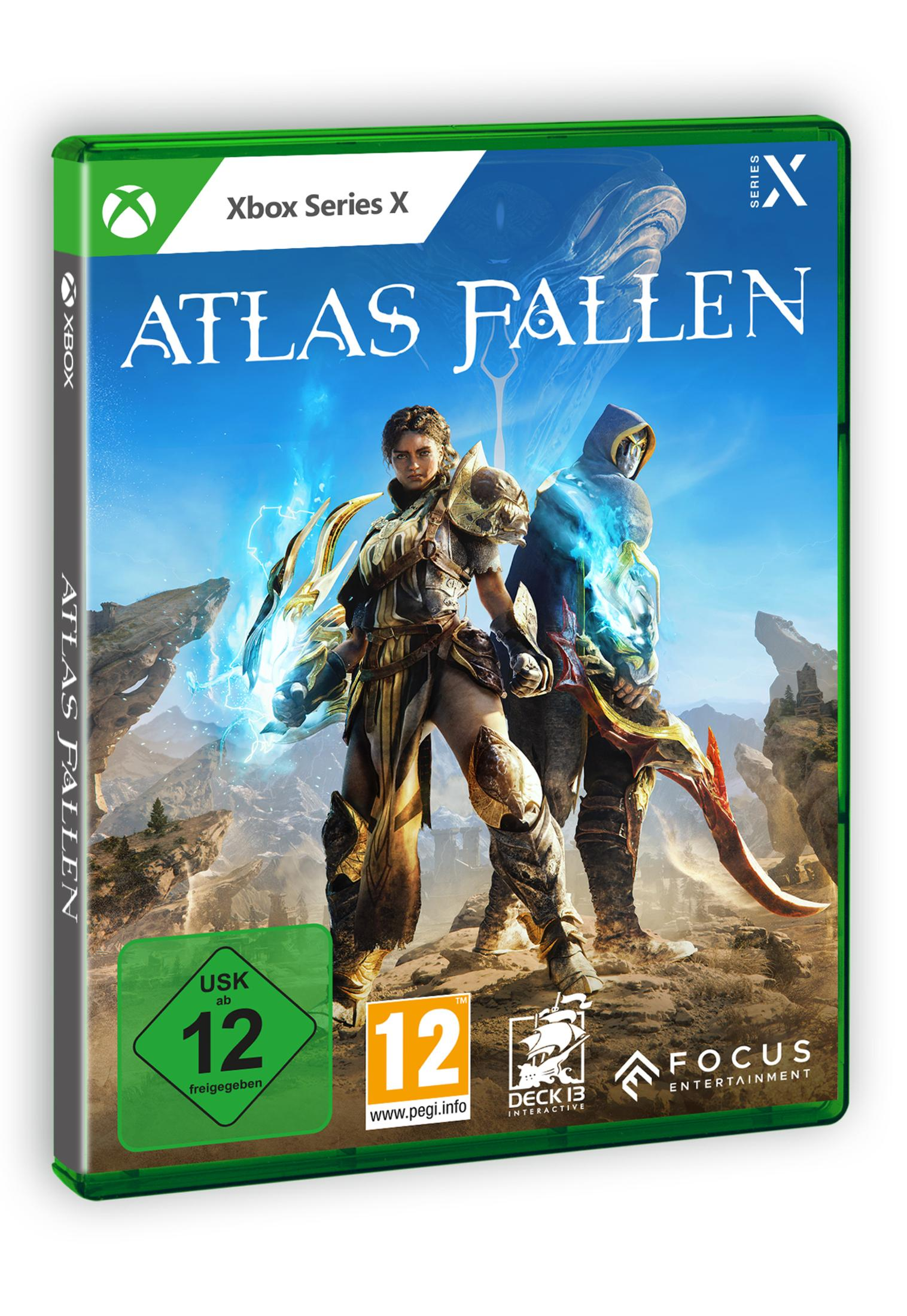 Boîte de jeu pour Atlas Fallen, avec deux personnages sur la couverture. Logo Xbox vert.