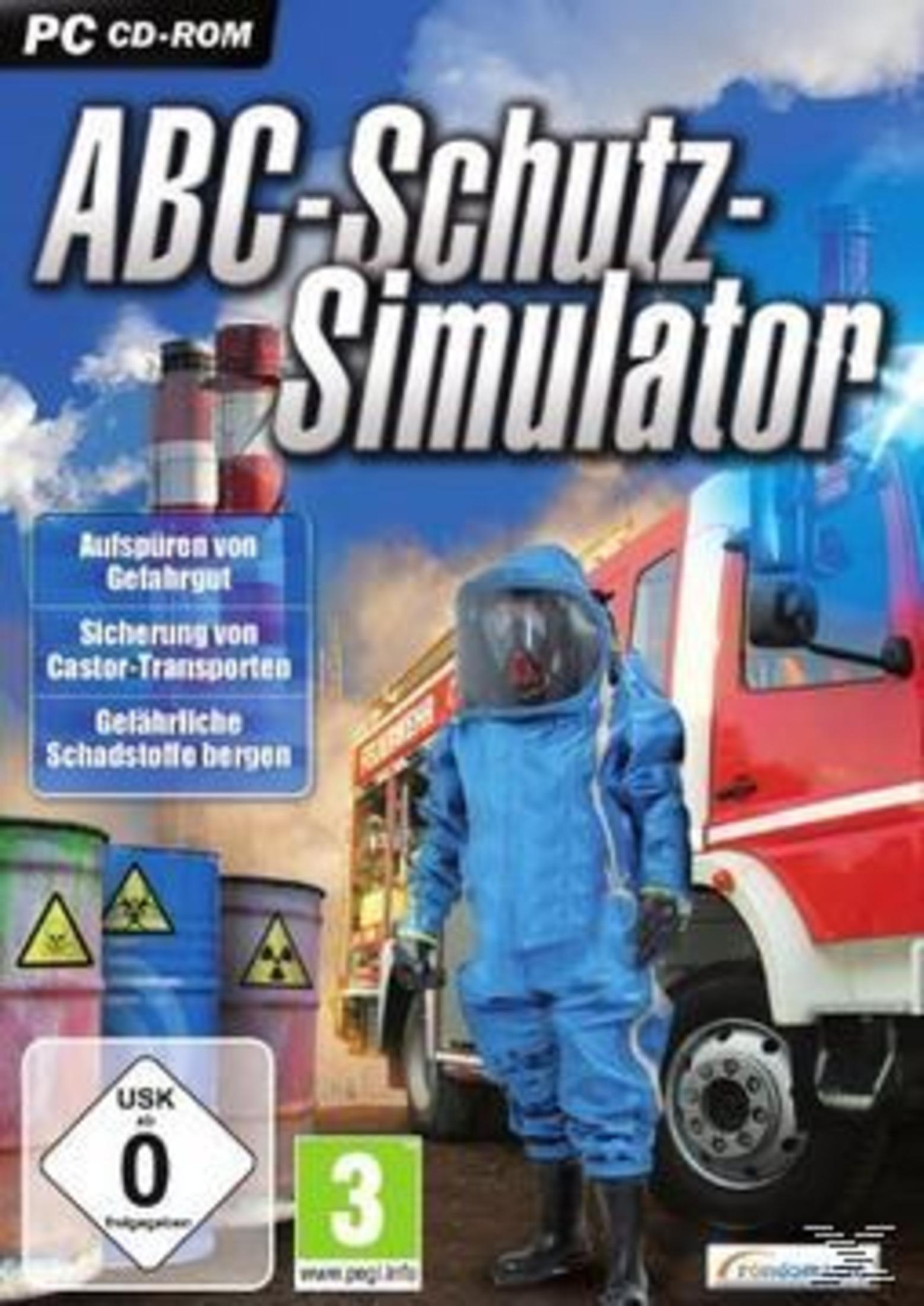 ABC-Schutz-Simulator Spielcover. Person in blauem Schutzanzug steht vor Feuerwehrauto und Fässern.