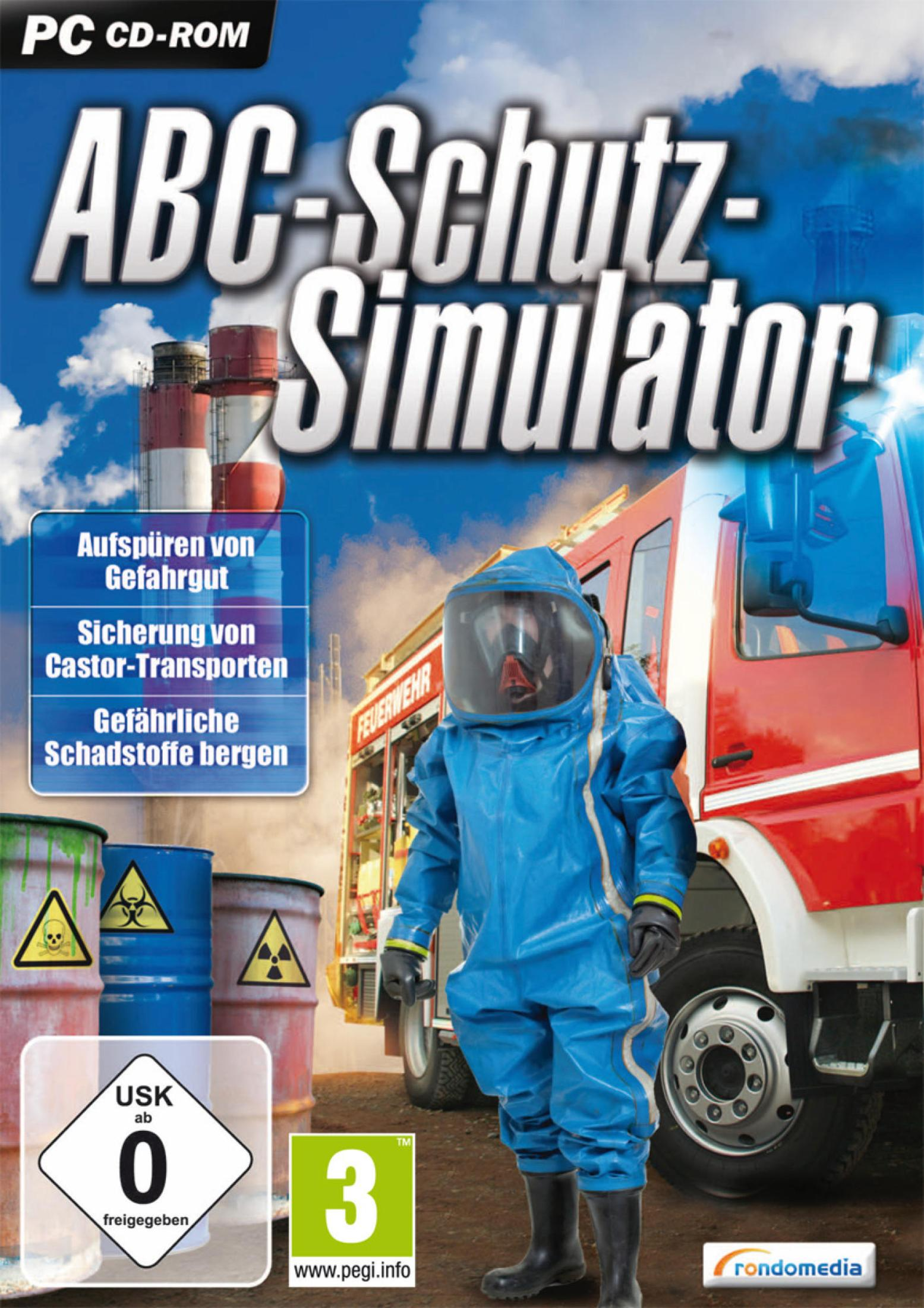 Spielbox: ABC-Schutz-Simulator. Mann im Schutzanzug, Fässer, Feuerwehrauto. USK 0.