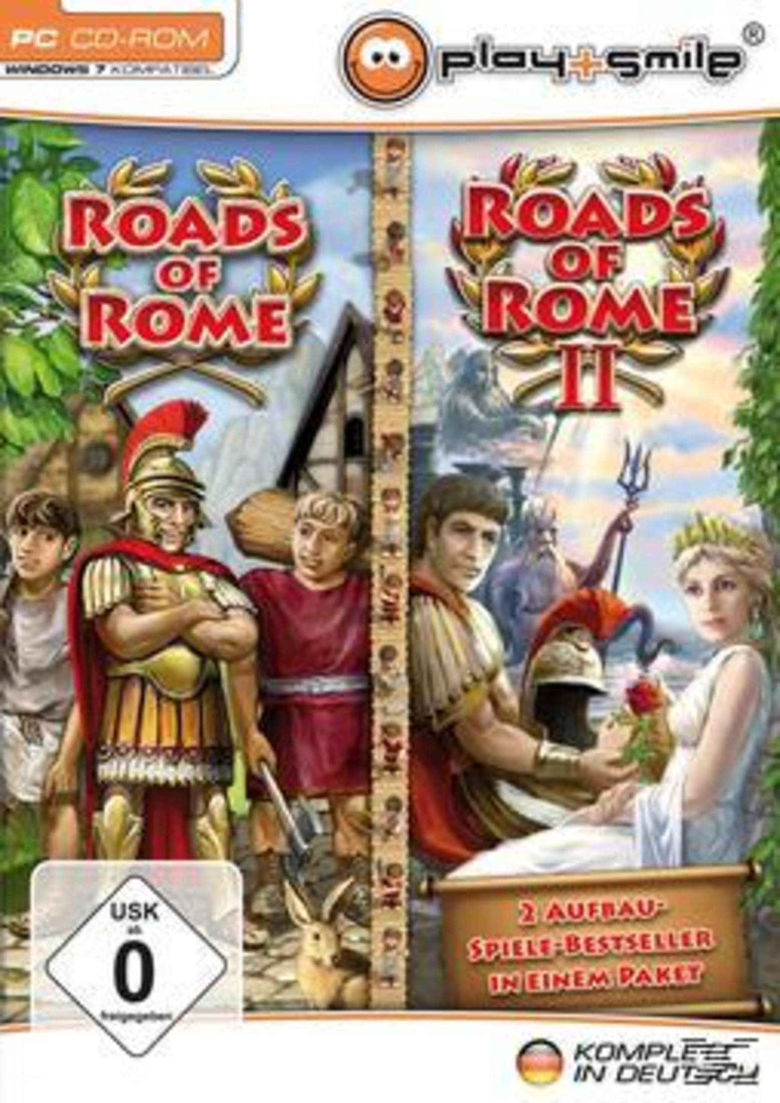 Spielcover für "Roads of Rome" und "Roads of Rome II", mit Charakteren und Titel.