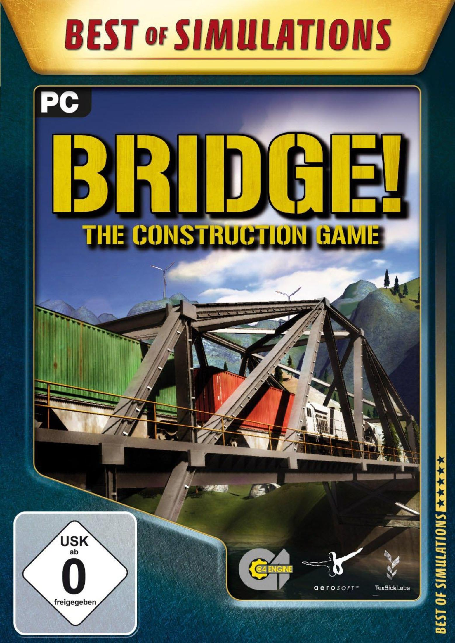 Bridge! The Construction Game Box. Eine Brücke ist der Hauptfokus, mit einem LKW darauf.