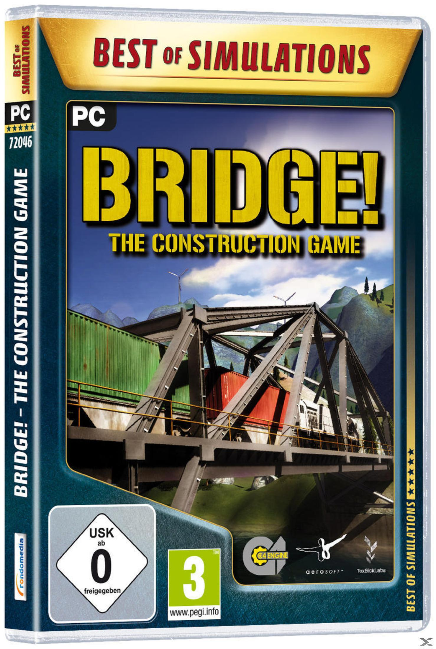 Spielbox. Bridge! The Construction Game. Brückenbauszene, blauer Himmel und grüne Hügel. Zug auf der Brücke.
