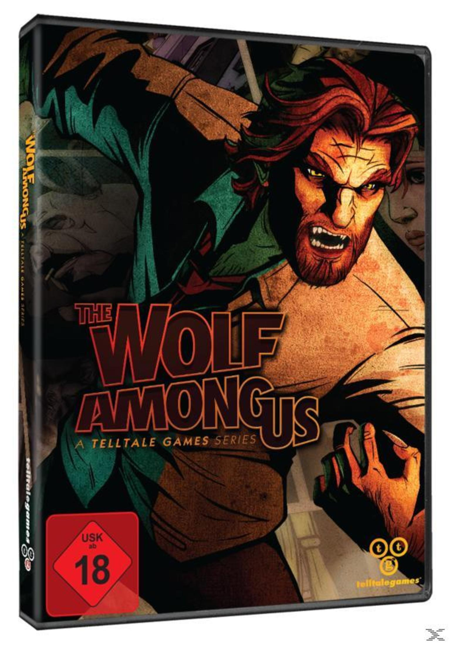 Grafika pudełka gry "The Wolf Among Us", z wystylizowaną ilustracją postaci podobnej do wilka.