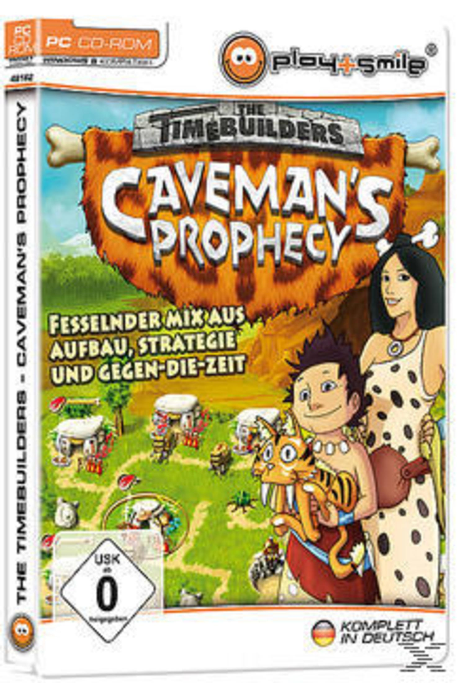 Spiel-Box-Art für The Timebuilders: Caveman's Prophecy, mit Charakterillustrationen und Logo.