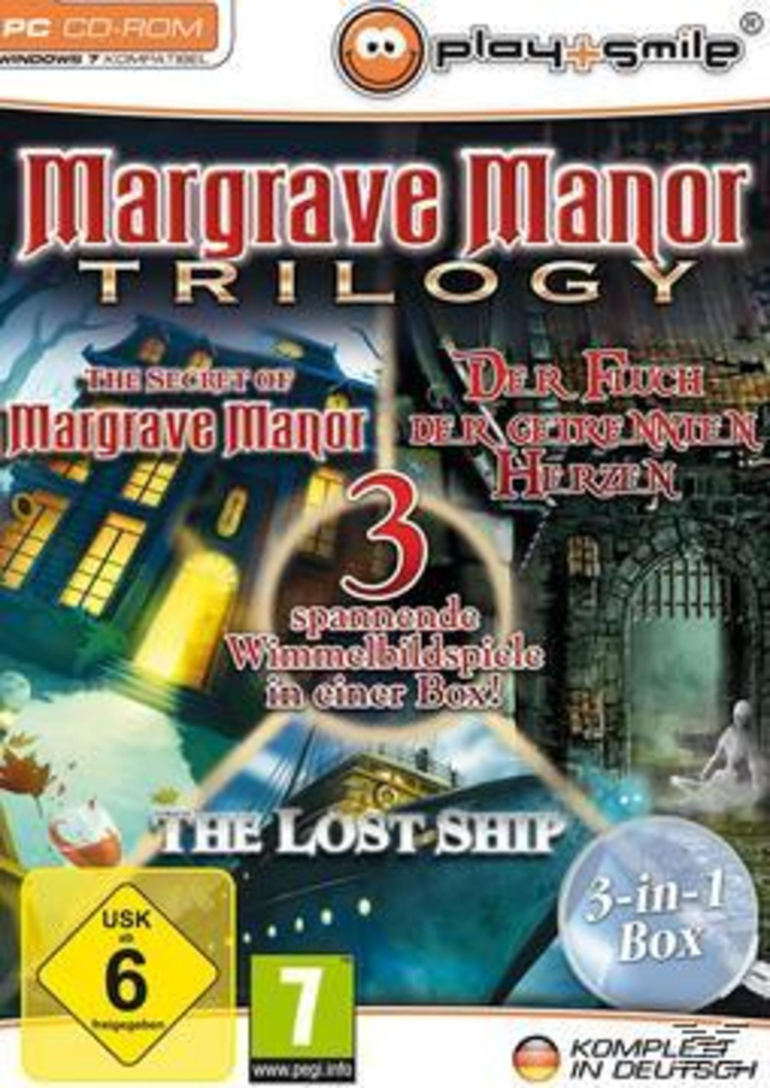 Eine Spielbox mit dem Titel „Margrave Manor Trilogy“. Das Cover zeigt ein Spukhaus und verschiedene Charaktere.