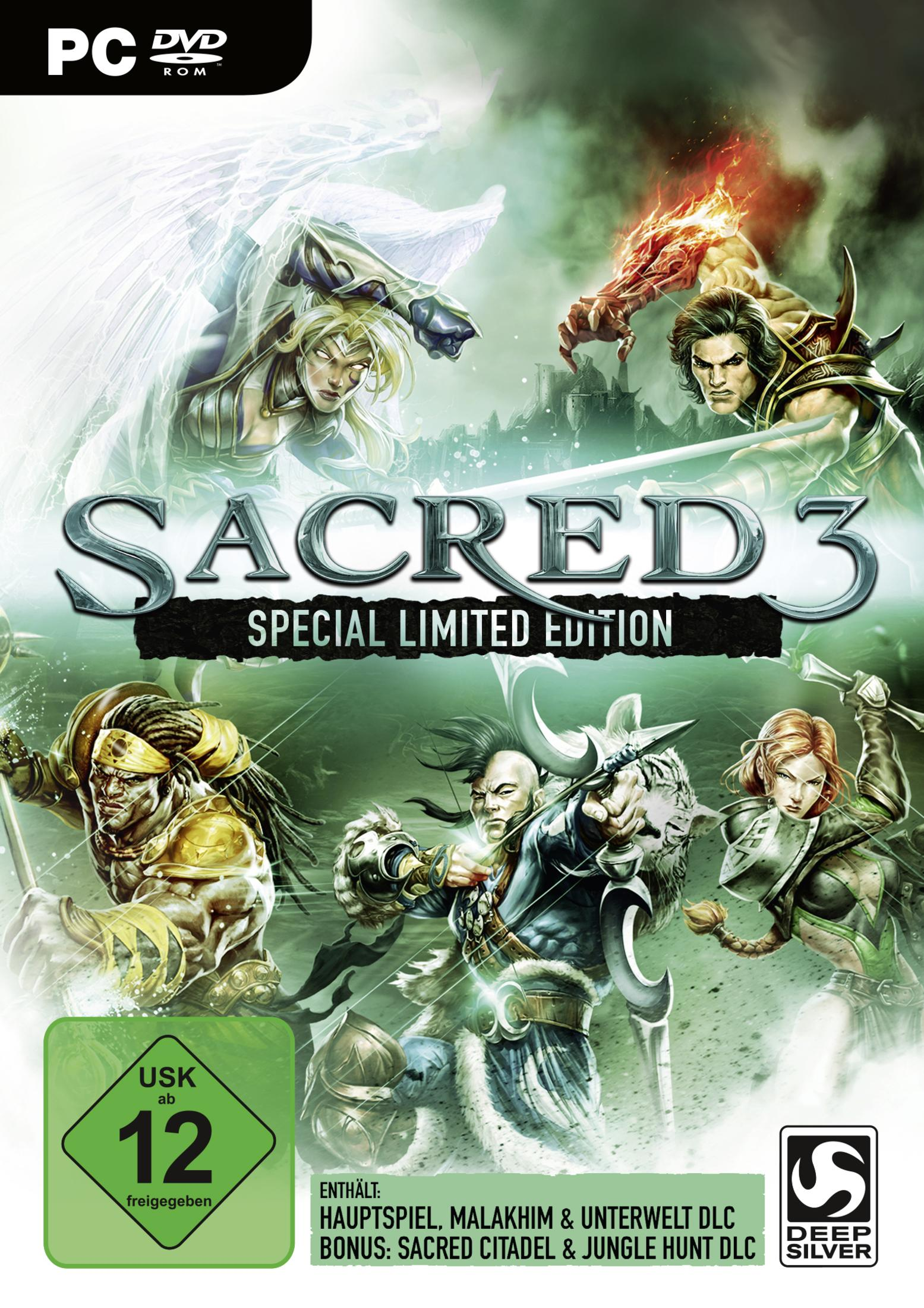 Spielcover für Sacred 3, mit mehreren Charakteren in Aktion und dem Titel des Spiels.