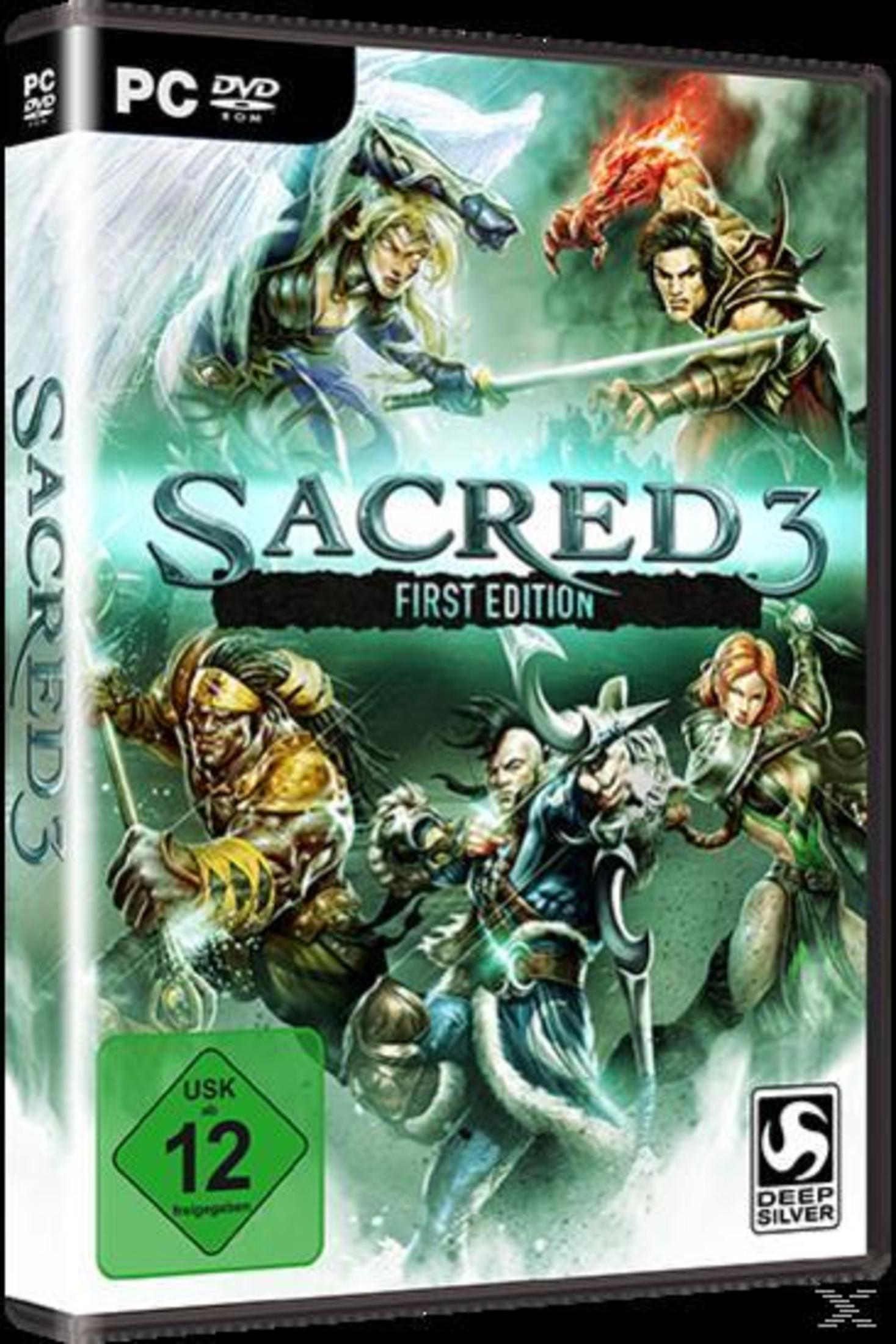 Eine Spielbox für Sacred 3 First Edition, mit mehreren Charakteren im Kampf.