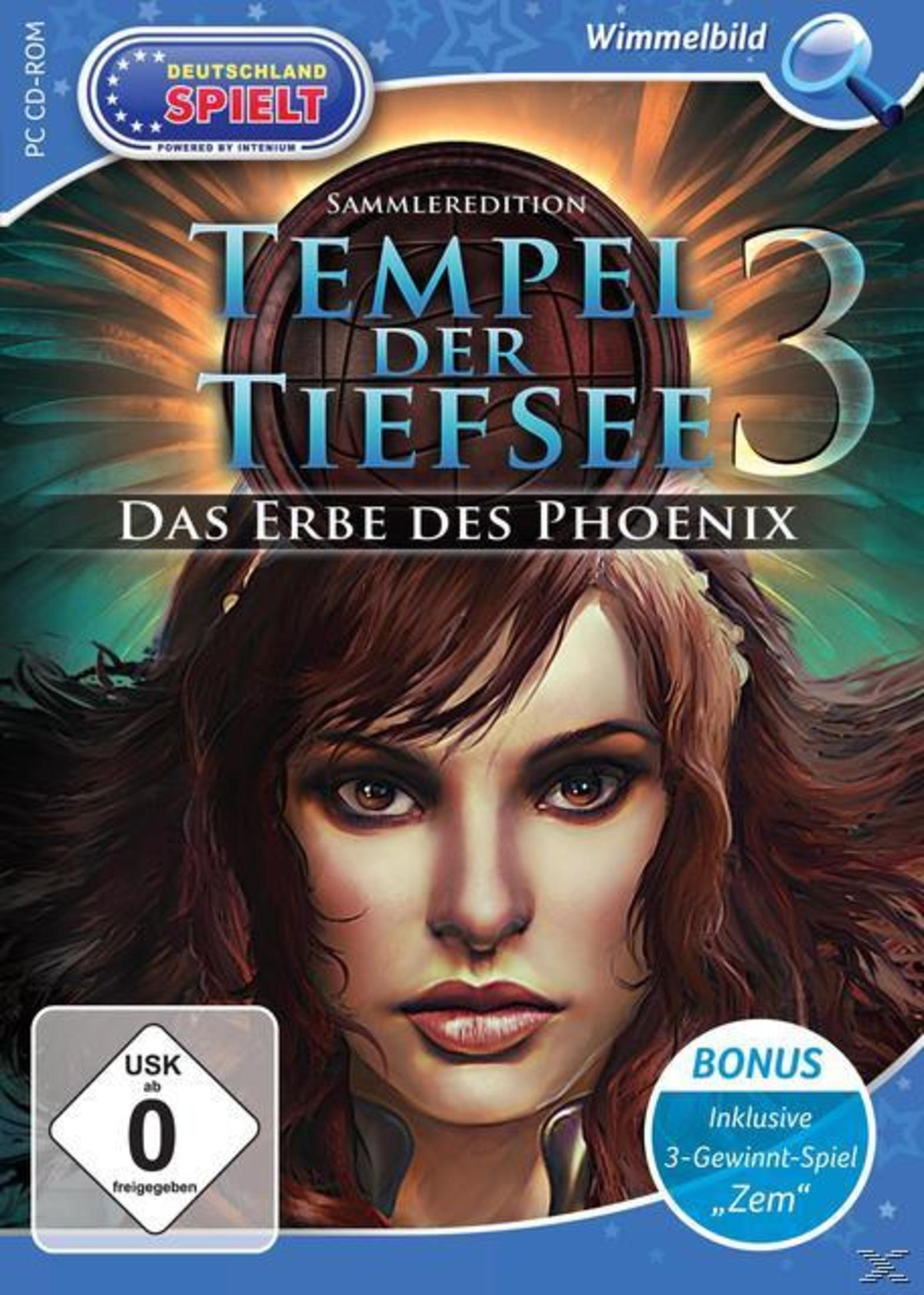 Spielbox-Art mit Frauengesicht, Titel 'Tempel der Tiefsee 3' und USK-Rating.