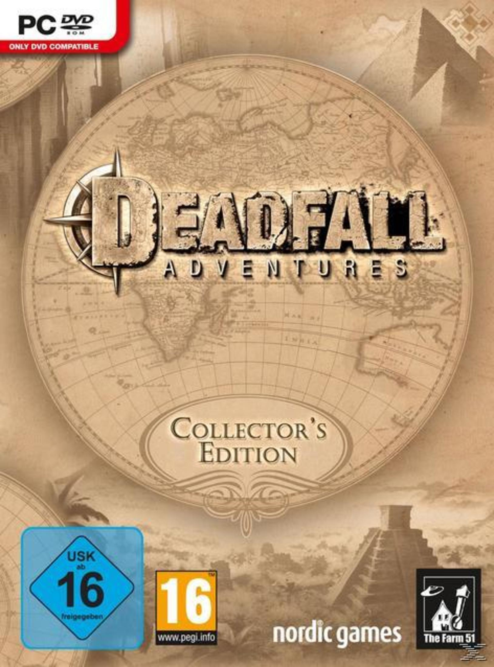 Spielcover. Deadfall Adventures-Spieltitel auf Weltkartenhintergrund.