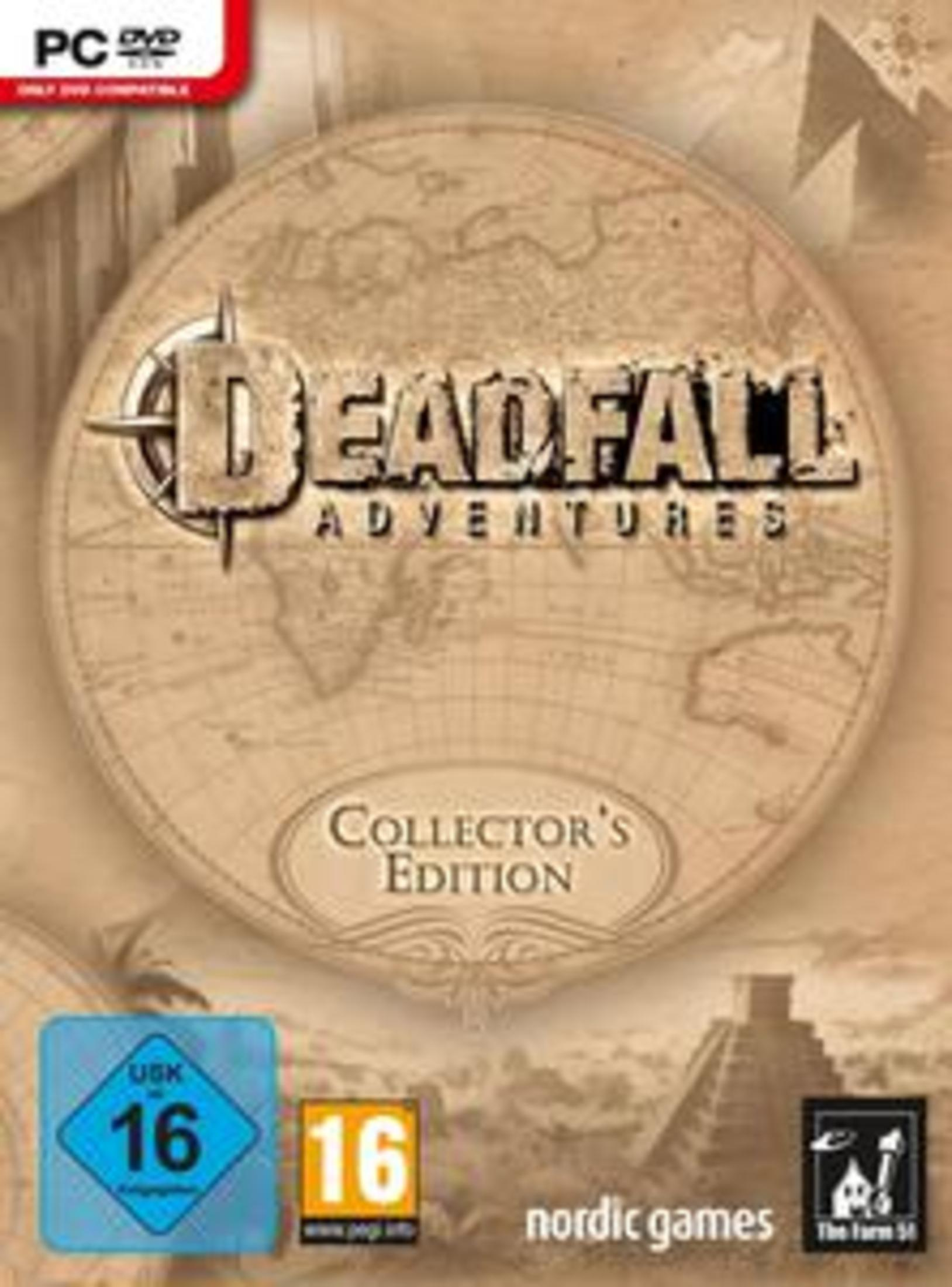 Spielcover: Deadfall Adventures, Collector's Edition, mit Karte und Kompass-Design.