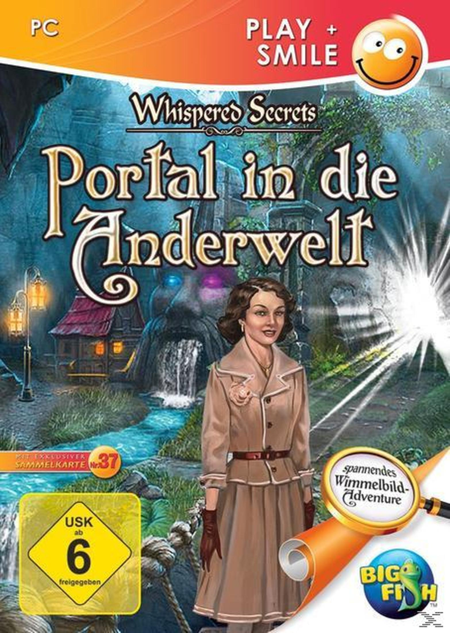 Spielcover: Frau in beigem Mantel steht vor Wasserfall. Deutscher Titel: Whispered Secrets.