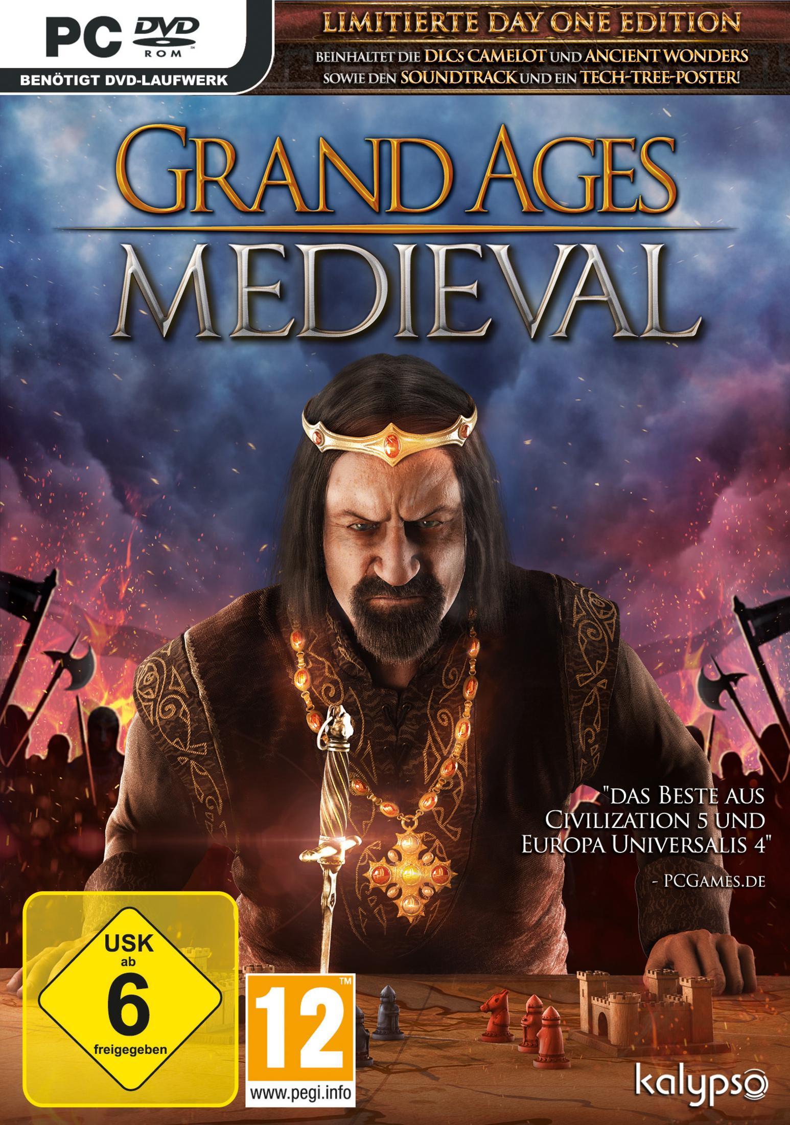 Spielcover für Grand Ages Medieval. Zeigt einen König in Rüstung und eine Burg.