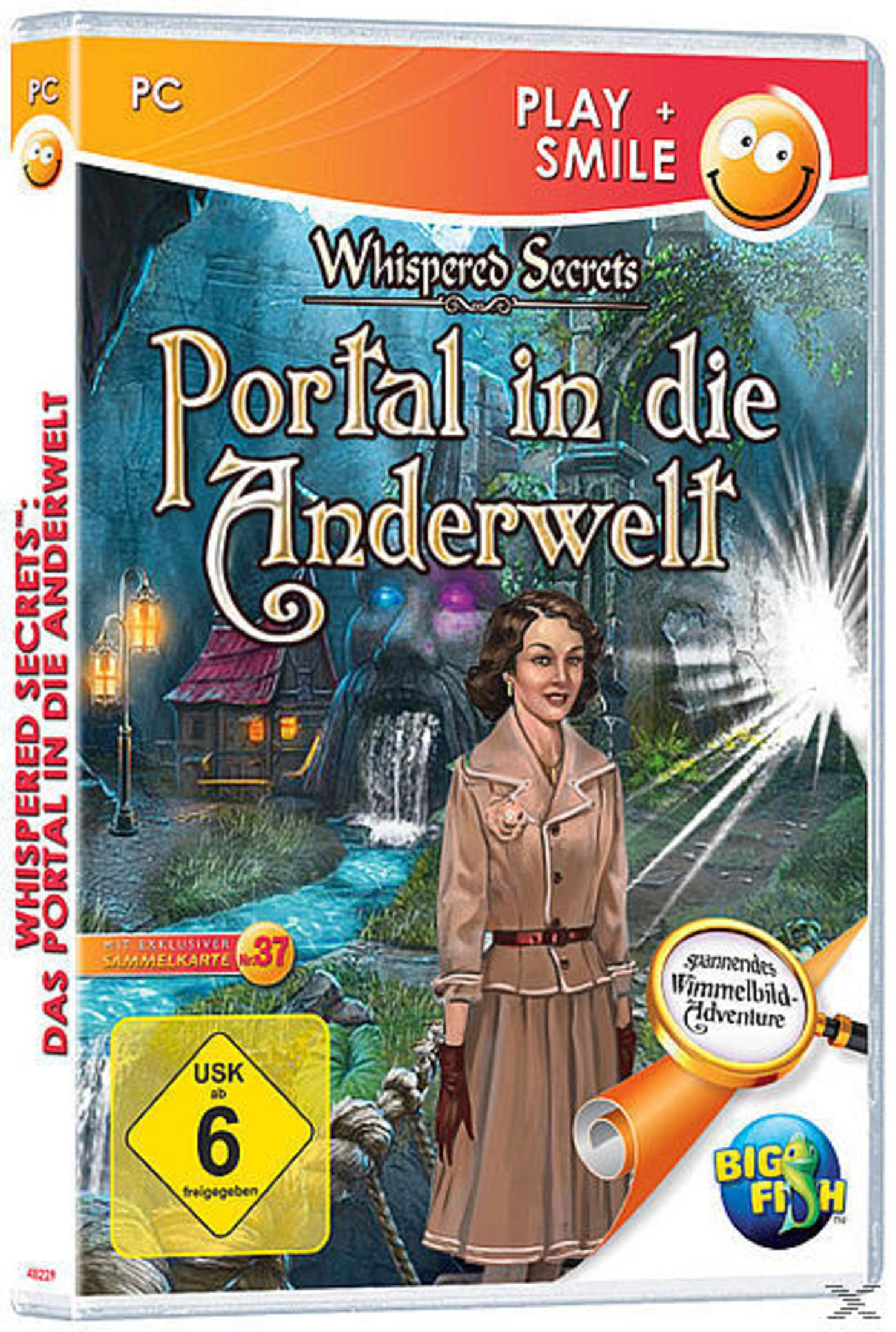 Spielbox-Cover für Whispered Secrets: Portal in die Anderwelt, mit einer Frau und einer unheimlichen Szene.