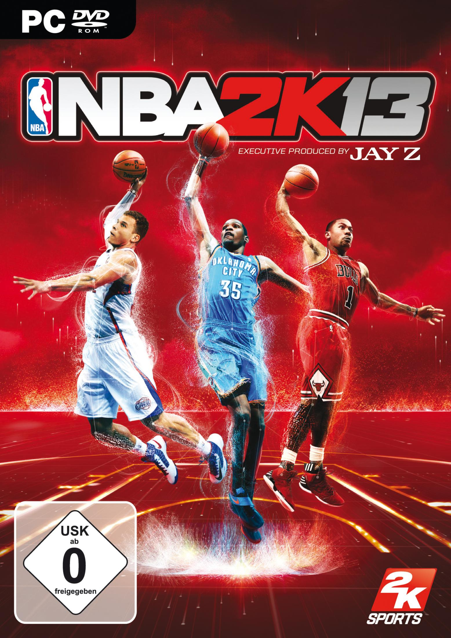 NBA 2K13-Spielcover mit drei Basketballspielern. Rote, blaue und weiße Uniformen. Bälle werden hochgehalten.