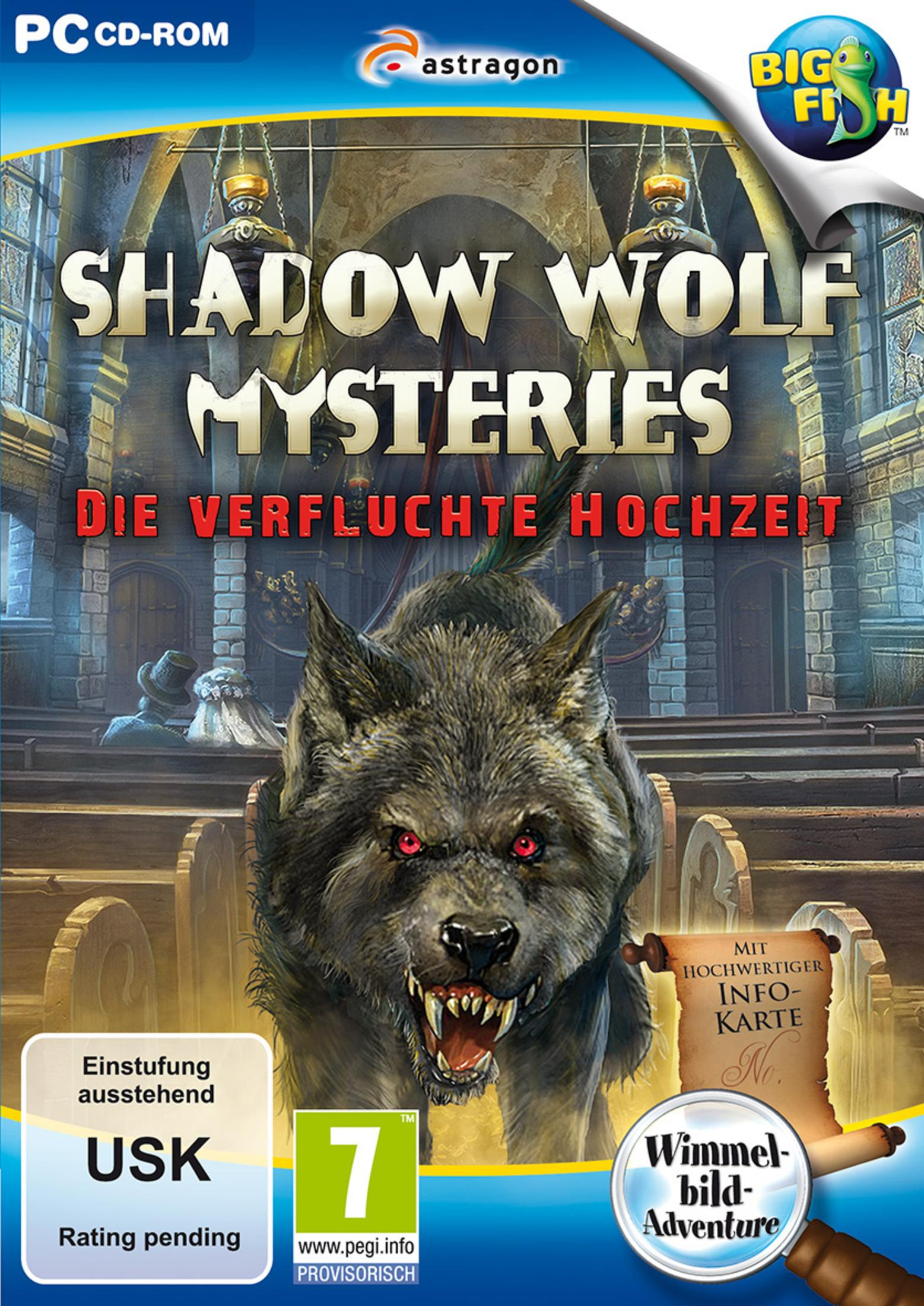 Spielhülle für Shadow Wolf Mysteries, mit Wolf und Kirche.