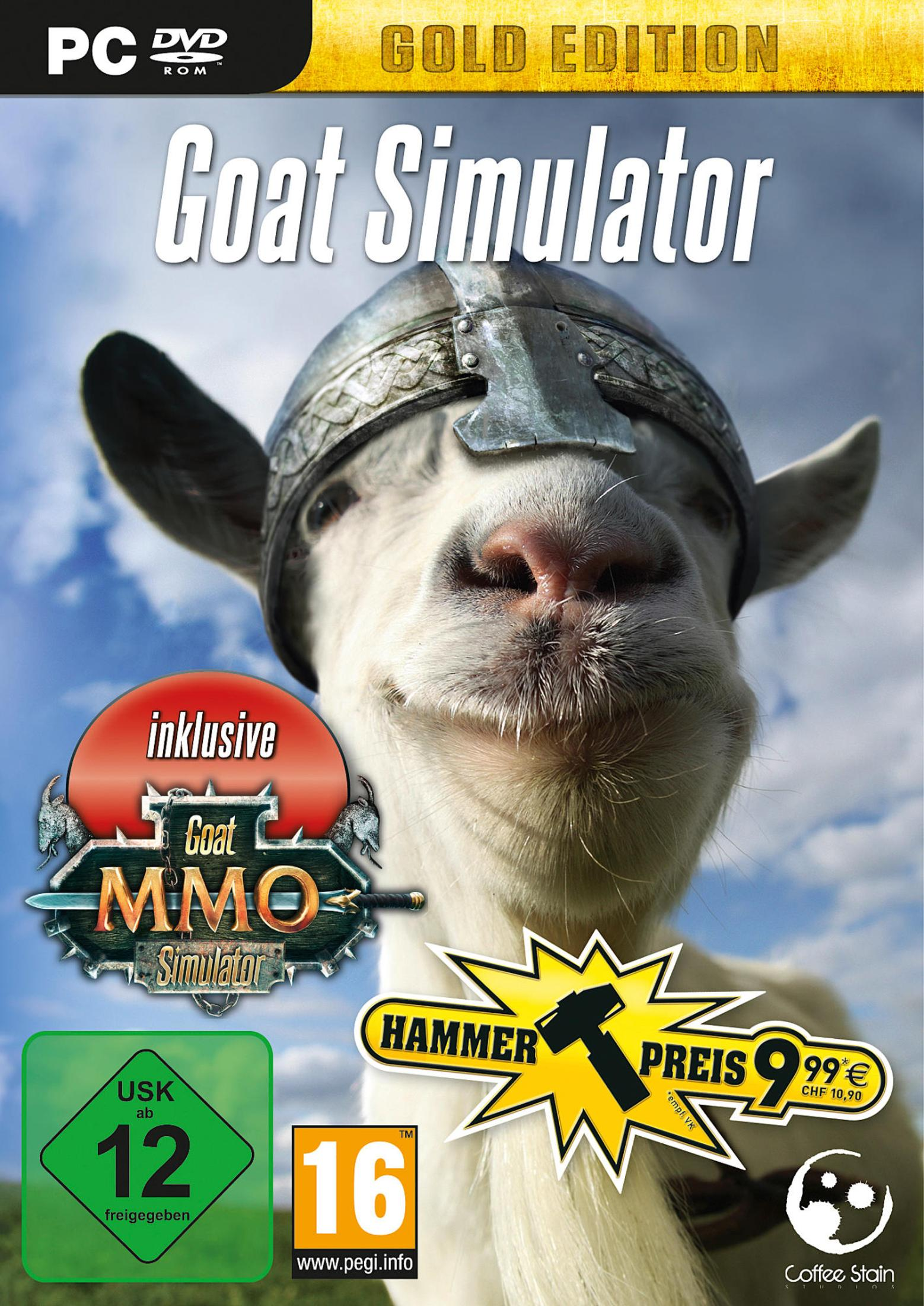 Goat Simulator Spielkoffer. Eine Ziege mit Helm vor einem Himmel.