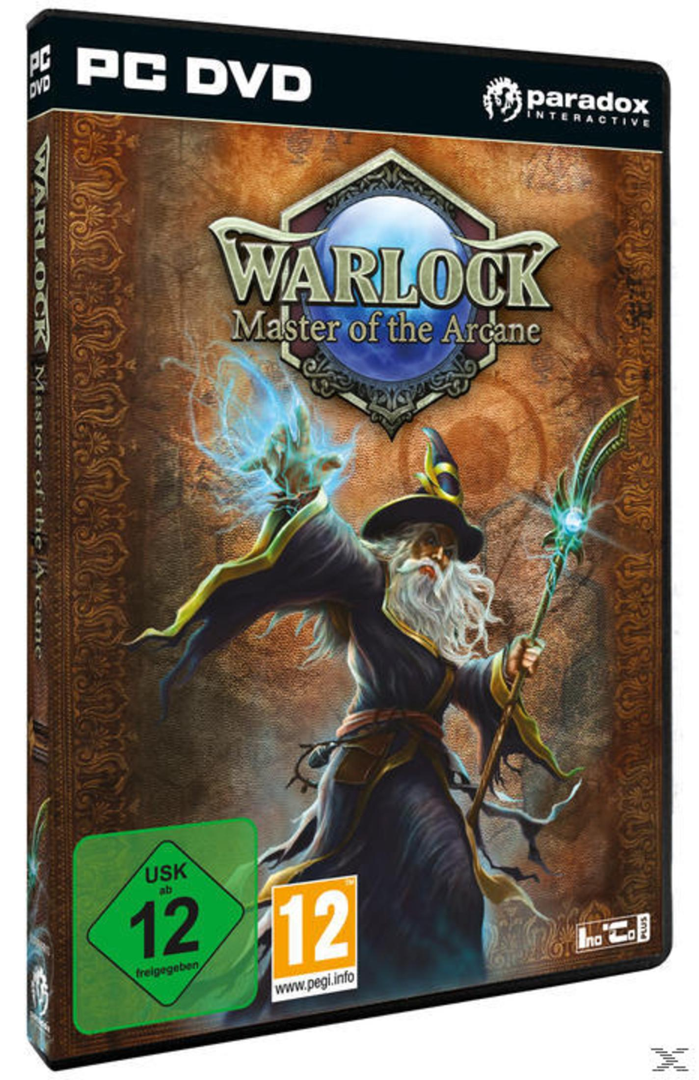 Eine PC-Spielbox von Warlock: Master of the Arcane, mit einem Zauberer mit einem Stab.