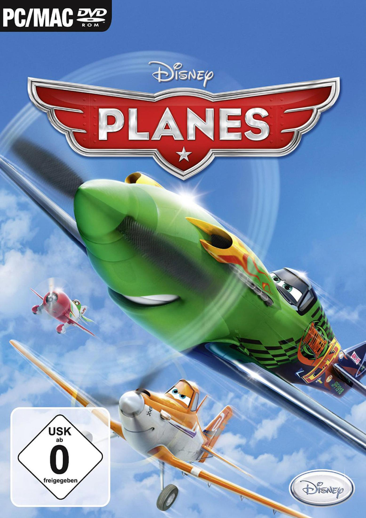 Spielecover. Planes-Filmplakat. Grünes Flugzeug mit rotem und orangem Flugzeug in blauem Himmel.