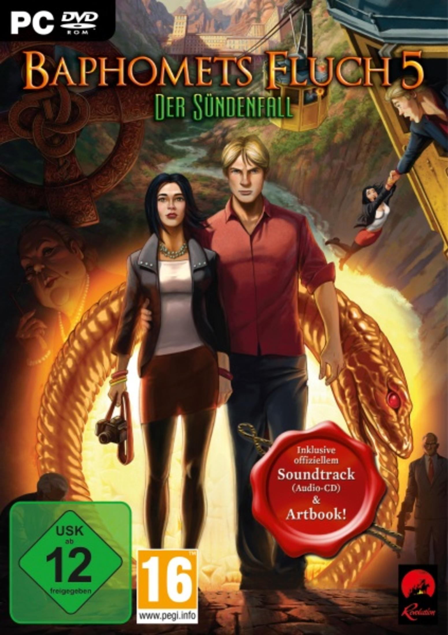 Spielcover: eine Frau und ein Mann stehen zusammen. Eine goldene Schlange ist im Hintergrund, ein Siegel sagt "Soundtrack & Artbook!"