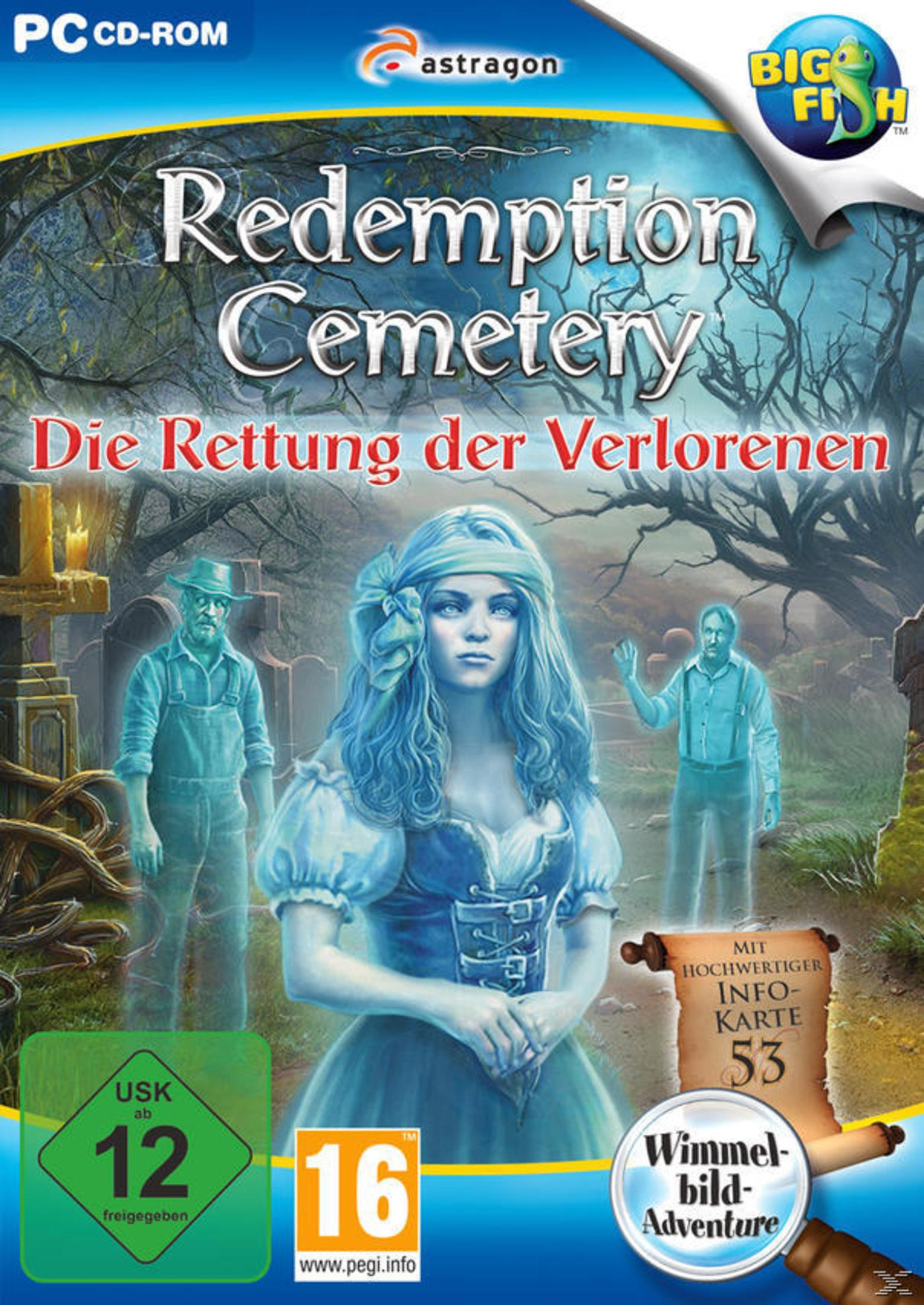Spielcover für 'Redemption Cemetery', mit einer Frau und Geisterfiguren.