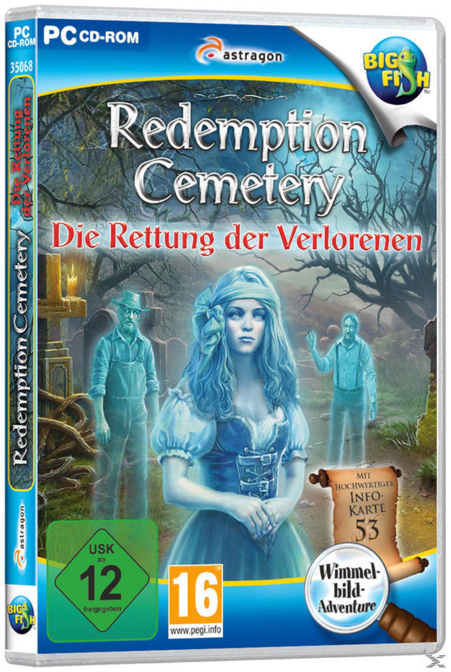 Spielbox-Art. Eine Frau und zwei Geister auf einem Friedhof. Text: Redemption Cemetery.