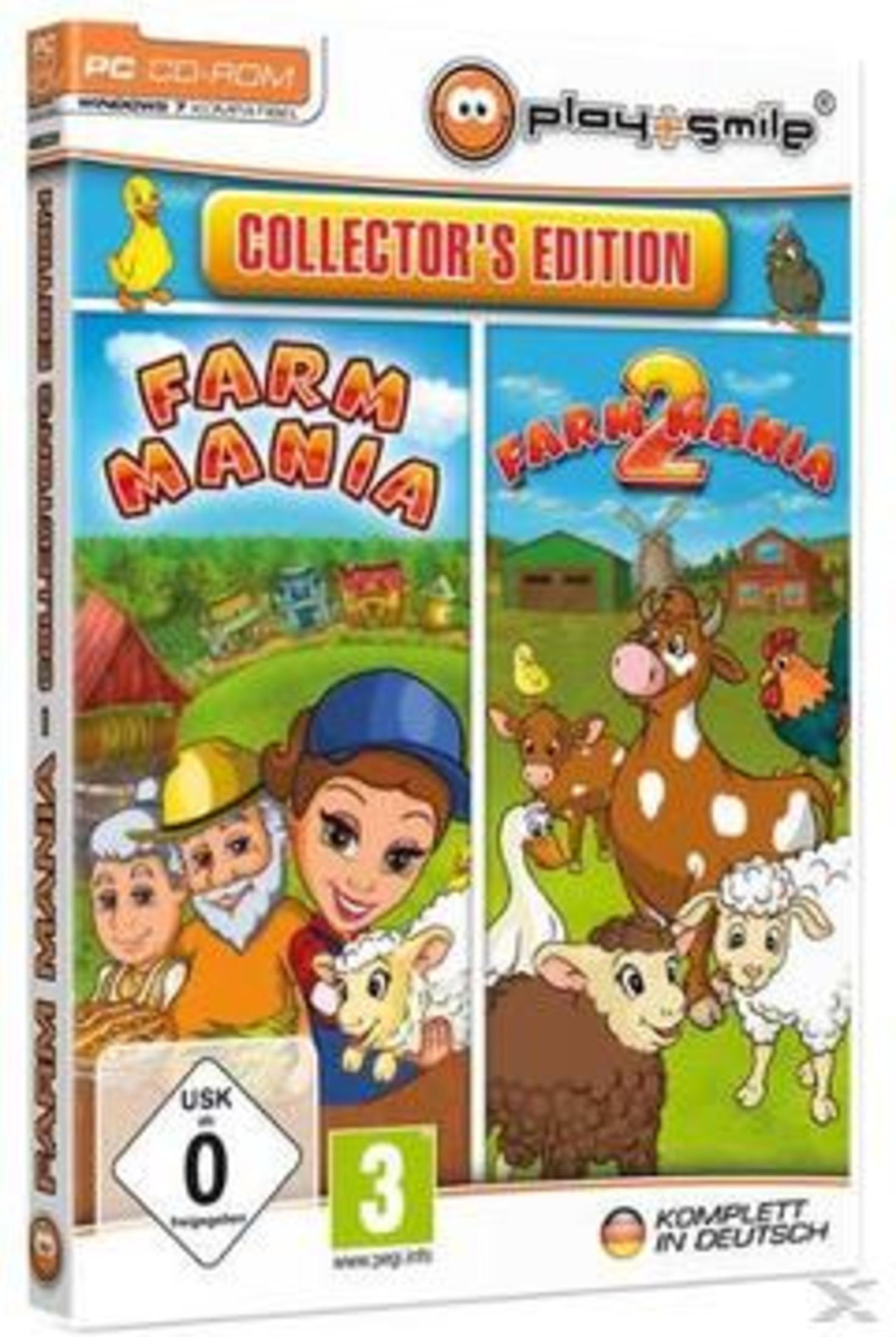Ein Spielcase für 'Farm Mania' und 'Farm Mania 2' Collector's Edition, zeigt Bauernhofszenen und Charaktere.